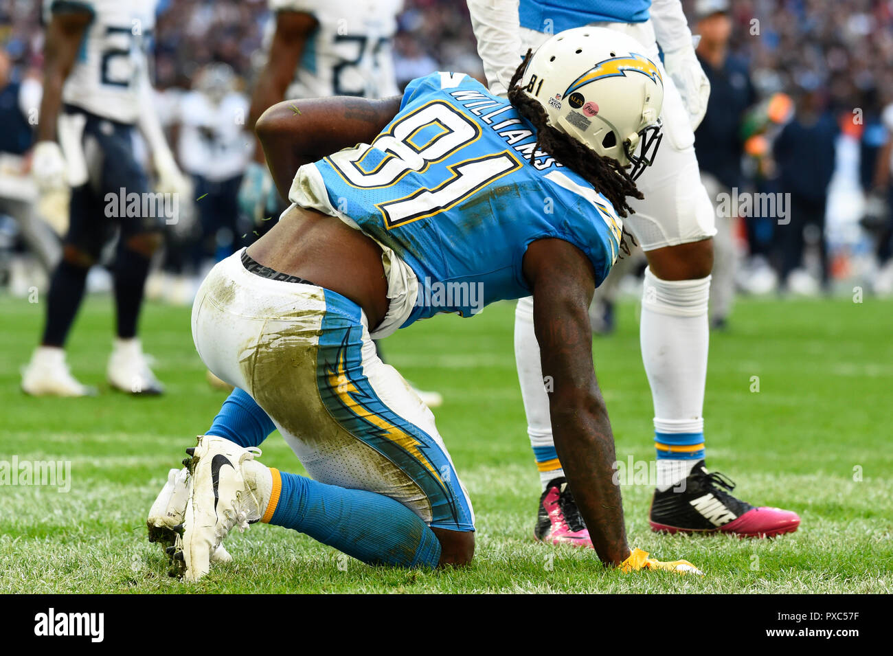 London, Großbritannien. 21. Oktober 2018 Wide Receiver Mike Williams (81) der Ladegeräte. Tennessee Titans bei Los Angeles Ladegeräte NFL Spiel im Wembley Stadium, der zweite der NFL London 2018 Spiele. Final Score - Ladegeräte 20 Titans 19. Credit: Stephen Chung/Alamy leben Nachrichten Stockfoto