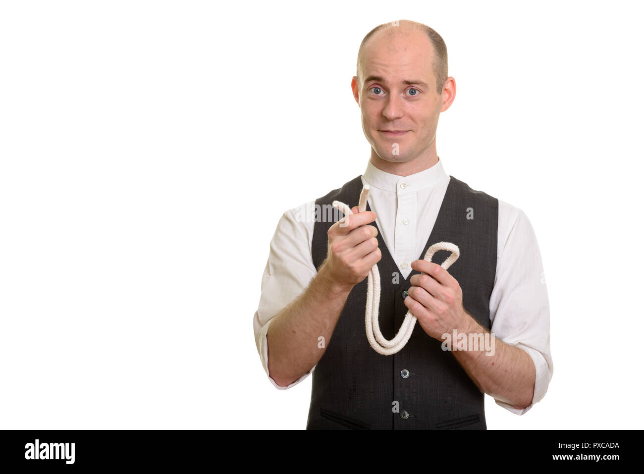 Kahlen weißen Magier Mann mit Seil für Magic trick Stockfoto