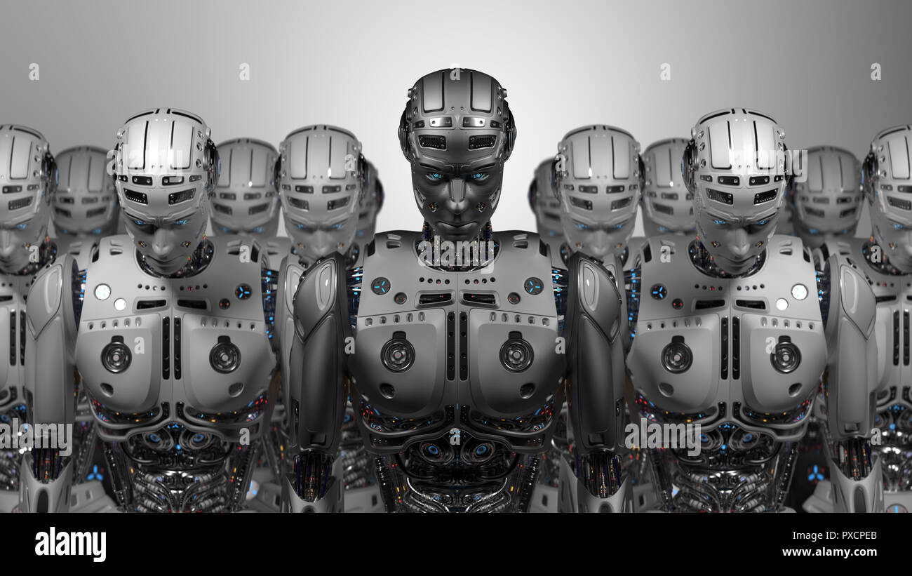 Futuristische Roboter Armee. Gruppe von Cyborgs. Auf grauem Hintergrund. 3D-Render. Stockfoto