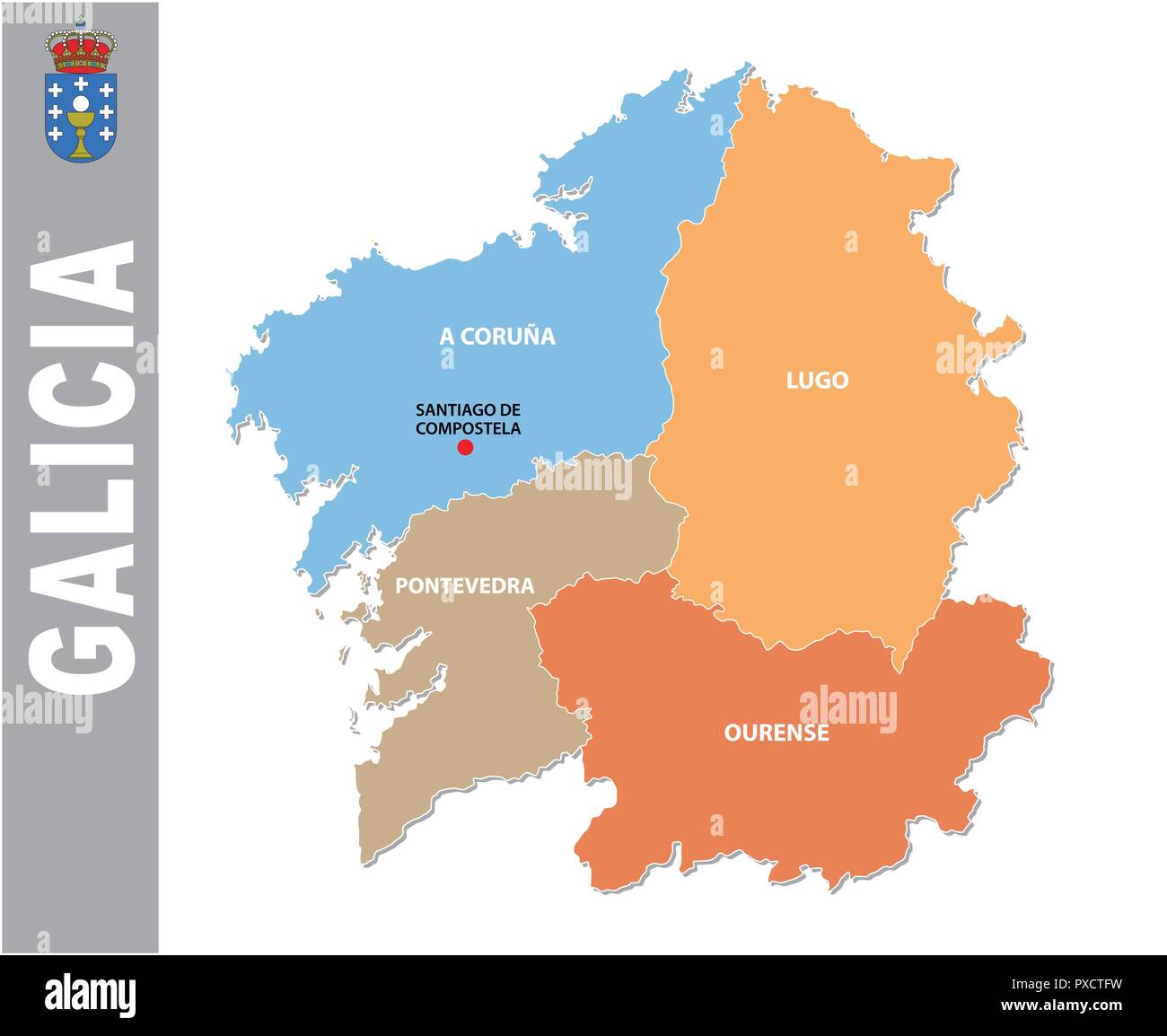 Bunte Galicien administrative und politische Vektorkarte mit Wappen. Stock Vektor