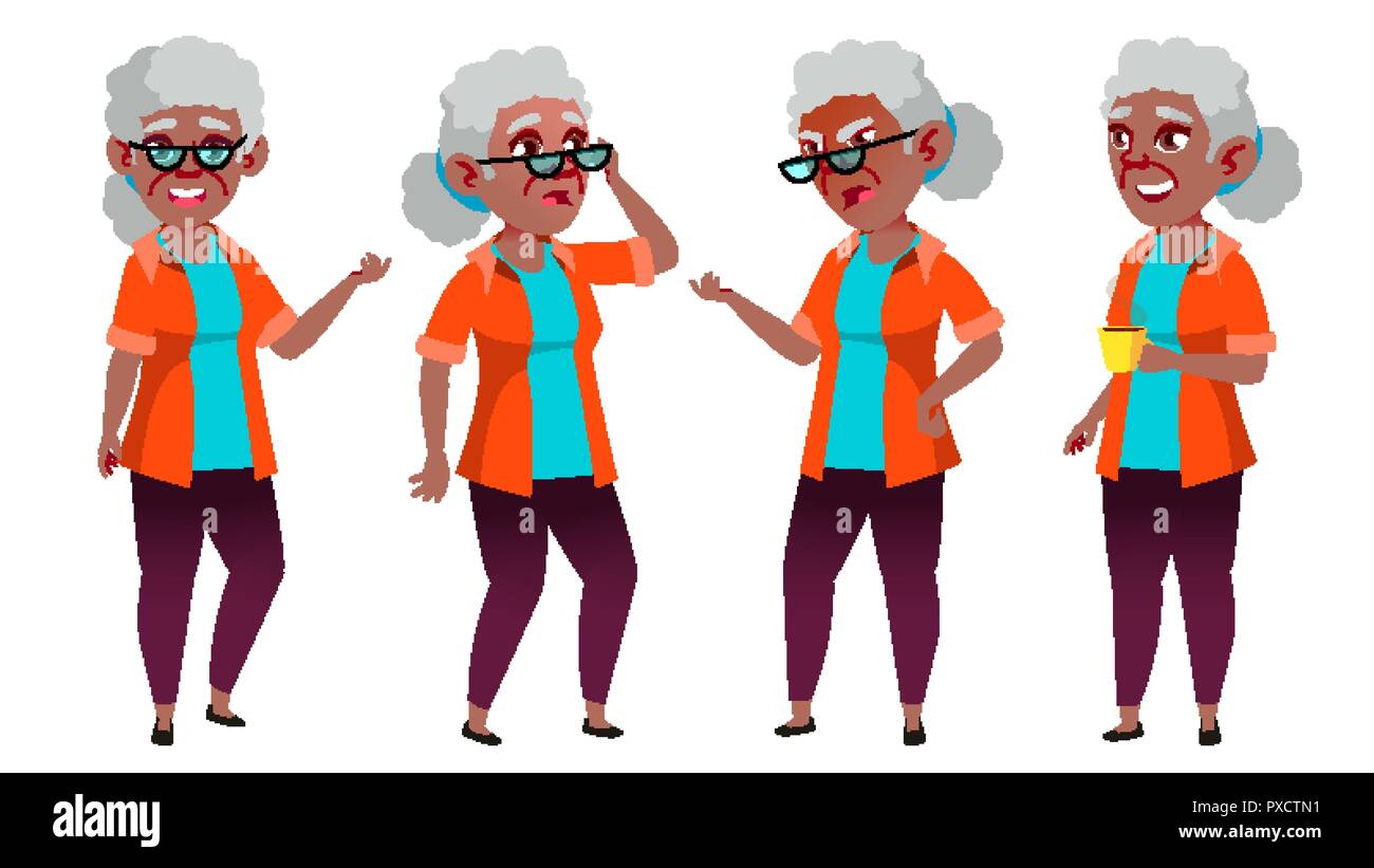 Alte Frau stellt ein Vektor. Schwarz. Afro-amerikanische. Ältere Menschen. Ältere Person. Im Alter. Freundlich Großeltern. Banner, Flyer, Broschüre Design. Isolierte Cartoon Illustration Stock Vektor