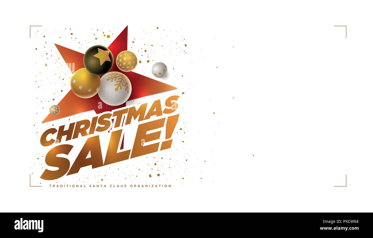 Vektor Weihnachten Verkauf poster Design Template mit 3d-weiß, schwarz und gold Weihnachtskugeln. Weißer Hintergrund. Horizontale Komposition mit kopieren. Stock Vektor