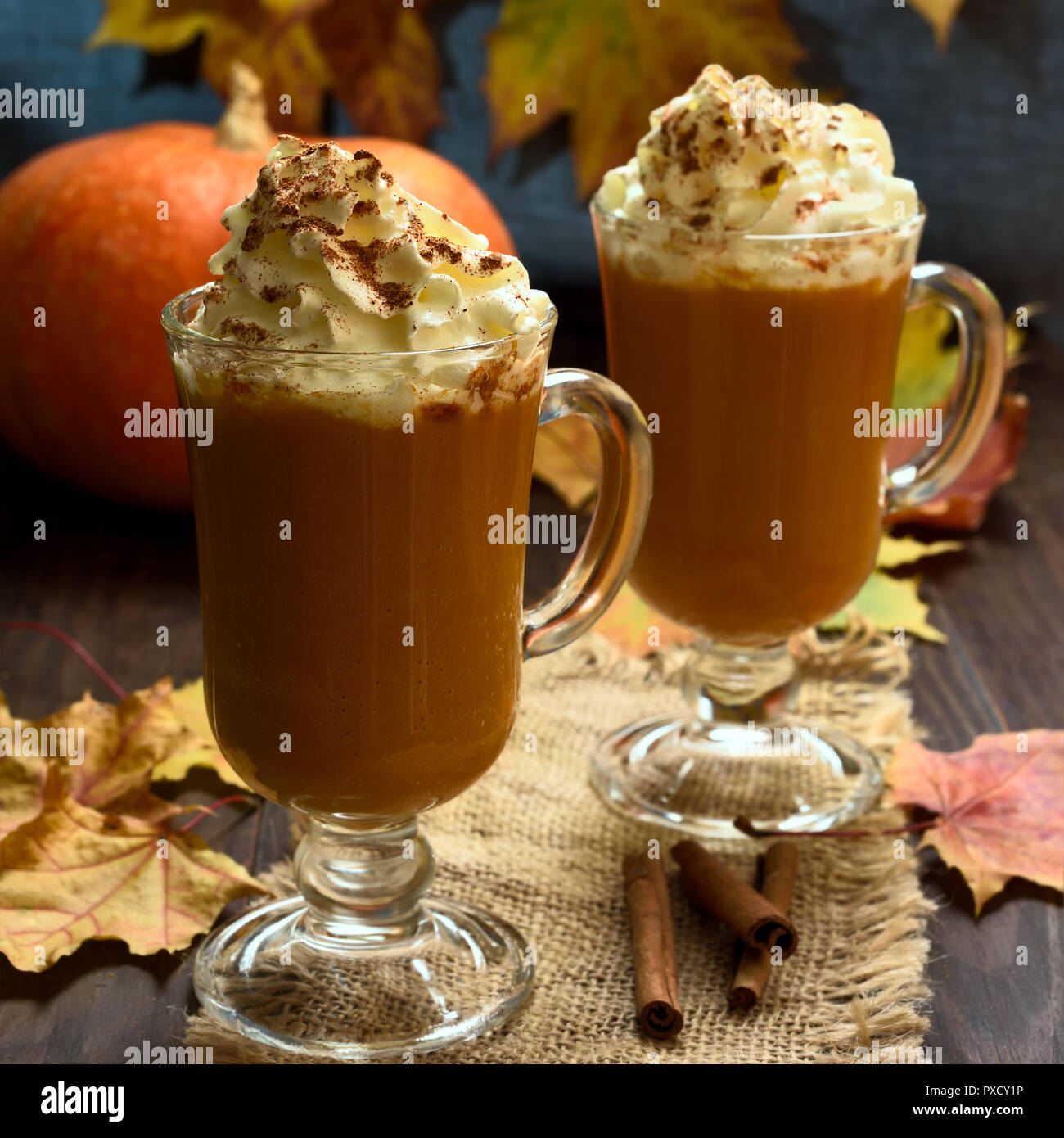 Kürbis Latte mit Schlagsahne und Zimt in Gläser. Warmes Gemüse Getränk. Stockfoto