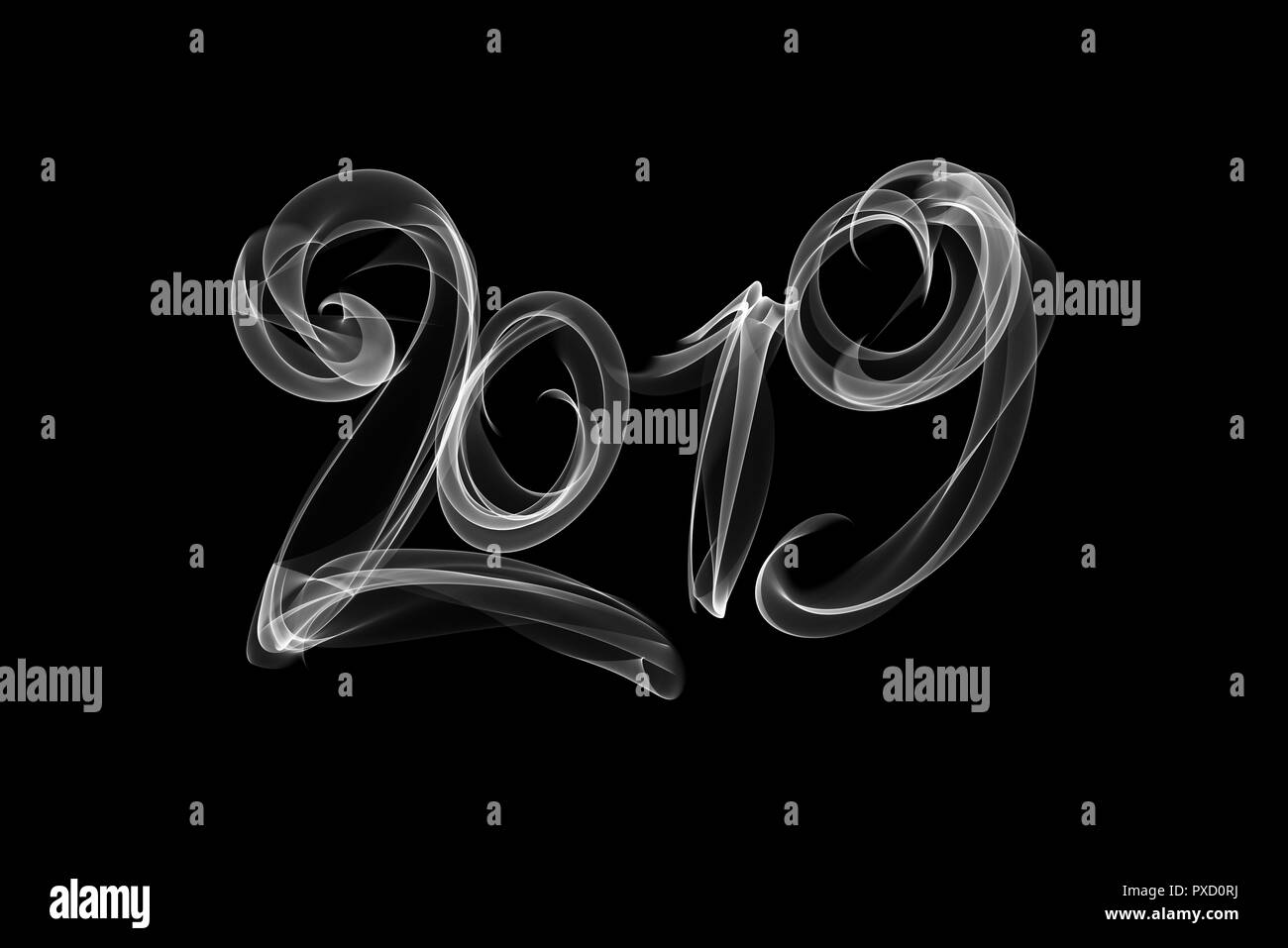 Frohes neues Jahr 2019 Isolierte zahlen Schriftzug mit Feuer Flammen oder Rauch auf schwarzem Hintergrund geschrieben. Stockfoto