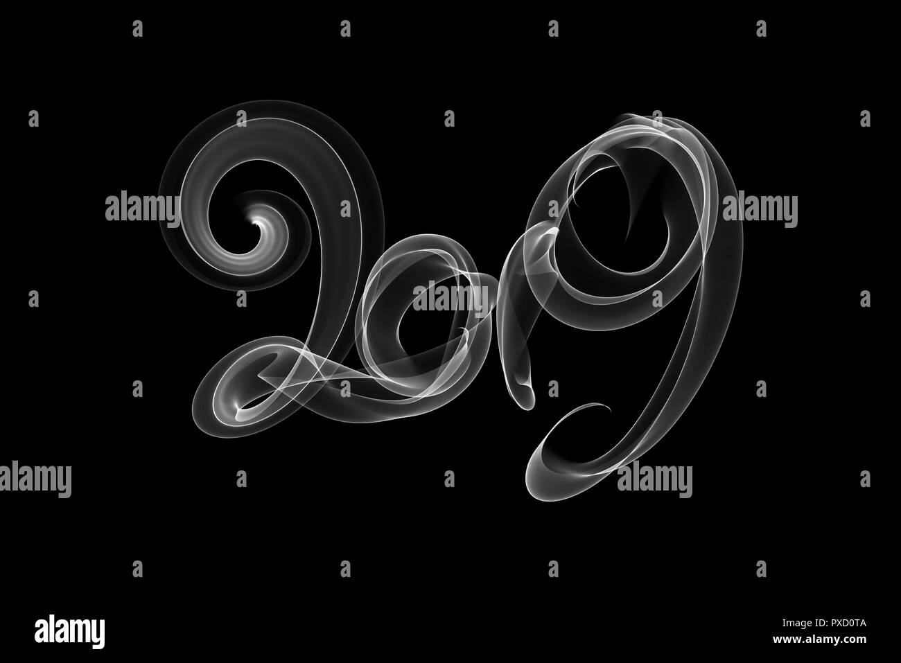 Frohes neues Jahr 2019 Isolierte zahlen Schriftzug mit Feuer Flammen oder Rauch auf schwarzem Hintergrund geschrieben. Stockfoto