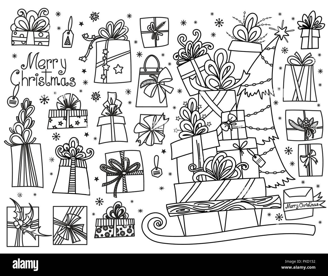 Doodle Der Weihnachtsgeschenke Hand Gezeichneten Karikatur Geschenkboxen In Verschiedenen Formen Und Haufen Von Urlaub Prasentiert Auf Dem Schlitten Vector Illustration Auf Weissen Isoliert Design Elements Collection Stock Vektorgrafik Alamy