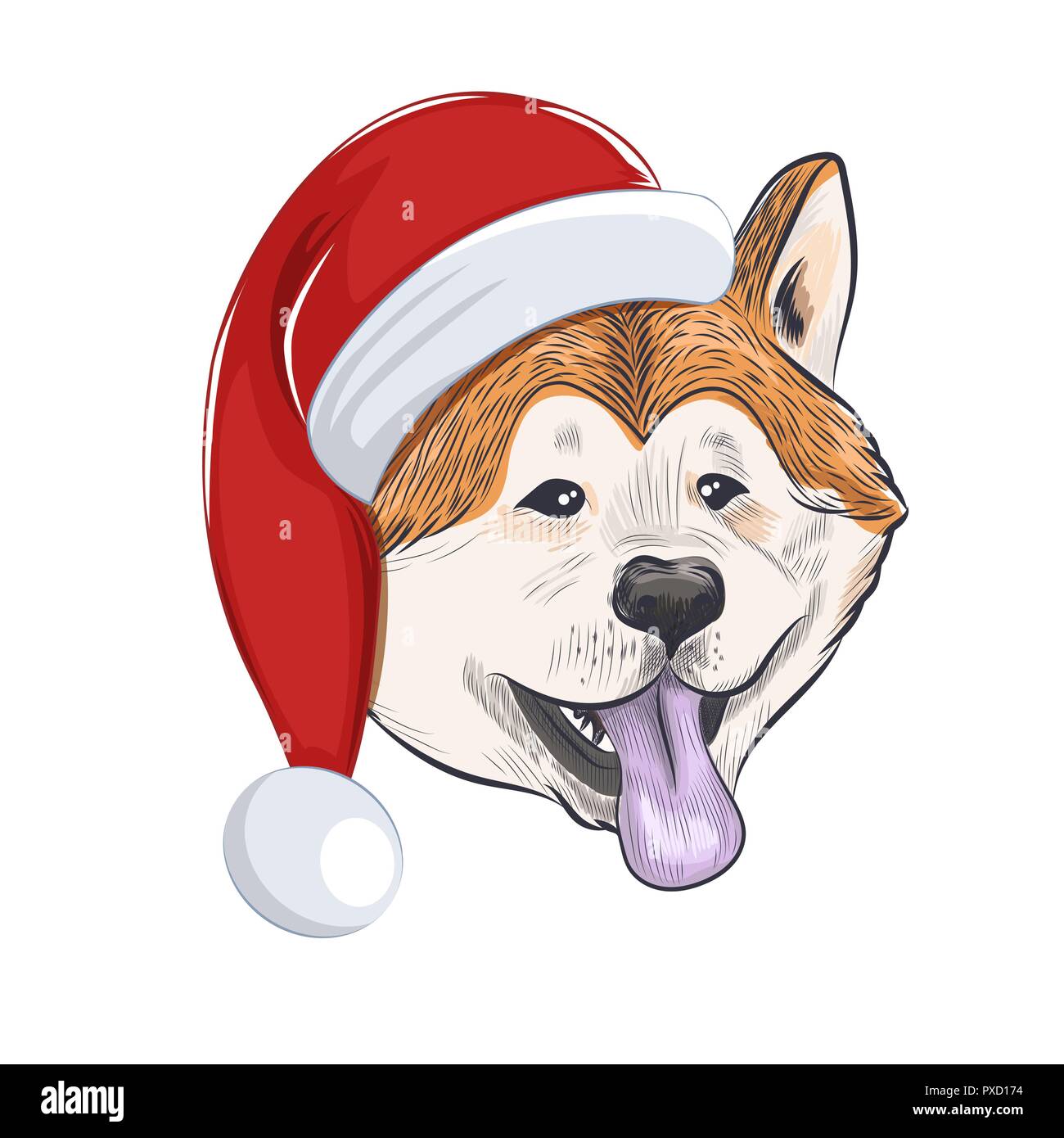 Akita Inu Hund trägt eine Mütze. Hand urlaub Hund für Grußkarte erstellt. Stock Vektor