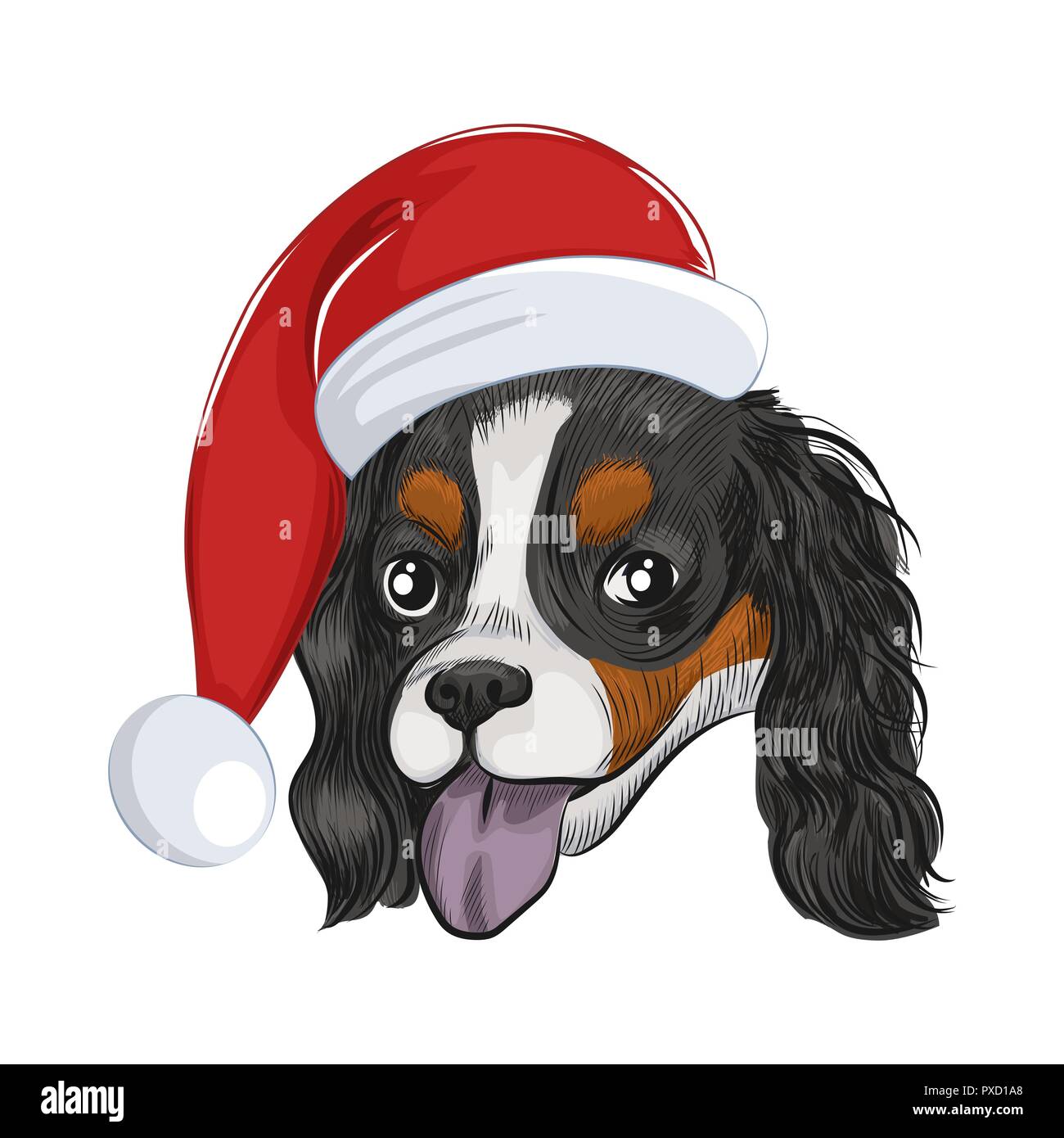 Santa Hund keuchend auf weißem Hintergrund. Cavalier King Charles Spaniel trägt Weihnachten Urlaub hat. Stock Vektor