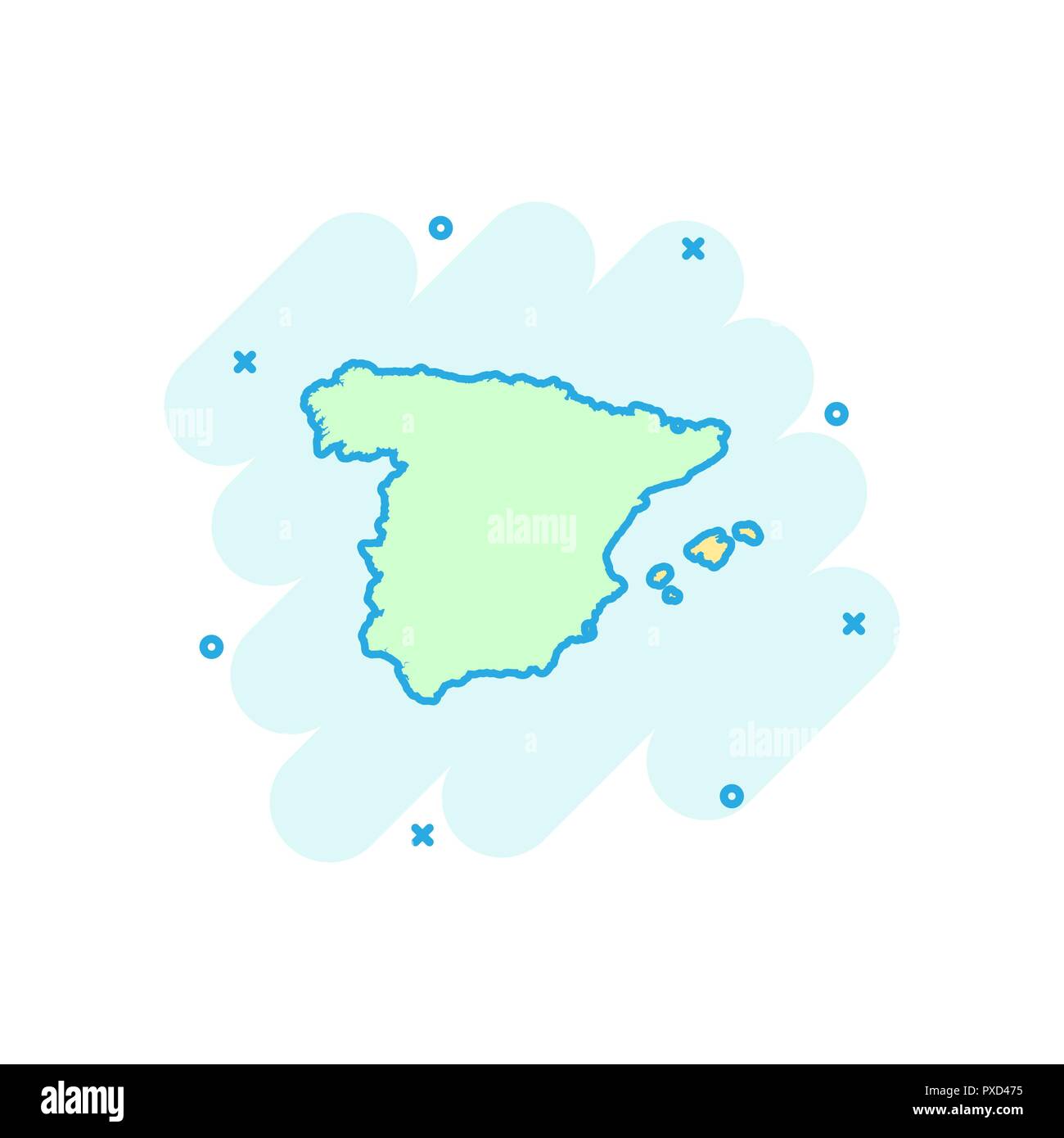 Vektor cartoon Spanien Karte Symbol im Comic-stil. Spanien unterzeichnen Abbildung Piktogramm. Kartographie Karte business splash Wirkung Konzept. Stock Vektor