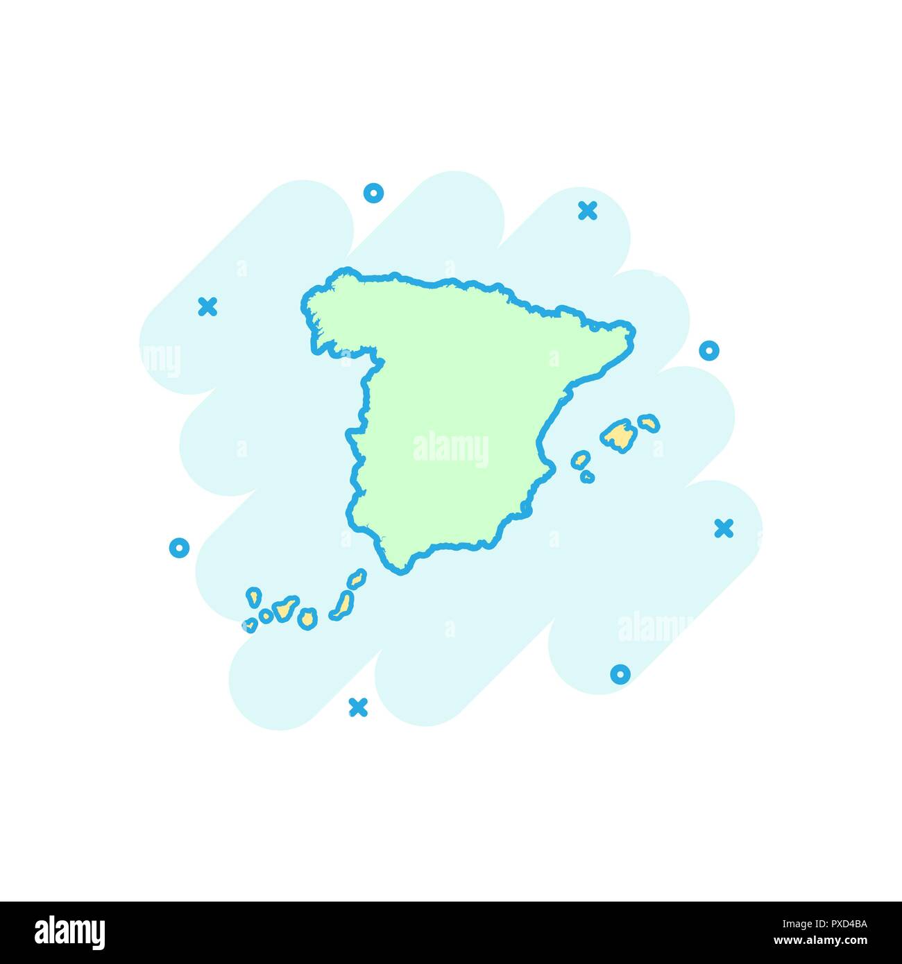 Vektor cartoon Spanien Karte Symbol im Comic-stil. Spanien unterzeichnen Abbildung Piktogramm. Kartographie Karte business splash Wirkung Konzept. Stock Vektor