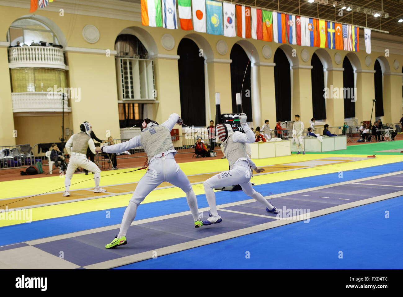 St. Petersburg, Russland - 6. Mai 2018: Team Wettbewerb Russland vs USA während Fechten Wm Sankt-petersburg Folie. Das jährliche Turnier wird Stockfoto