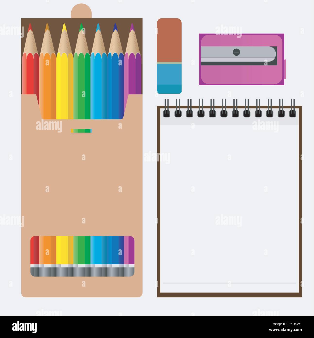 Satz von Artist: Bleistifte, Radierer, Notebook. Vector Illustration. Stock Vektor