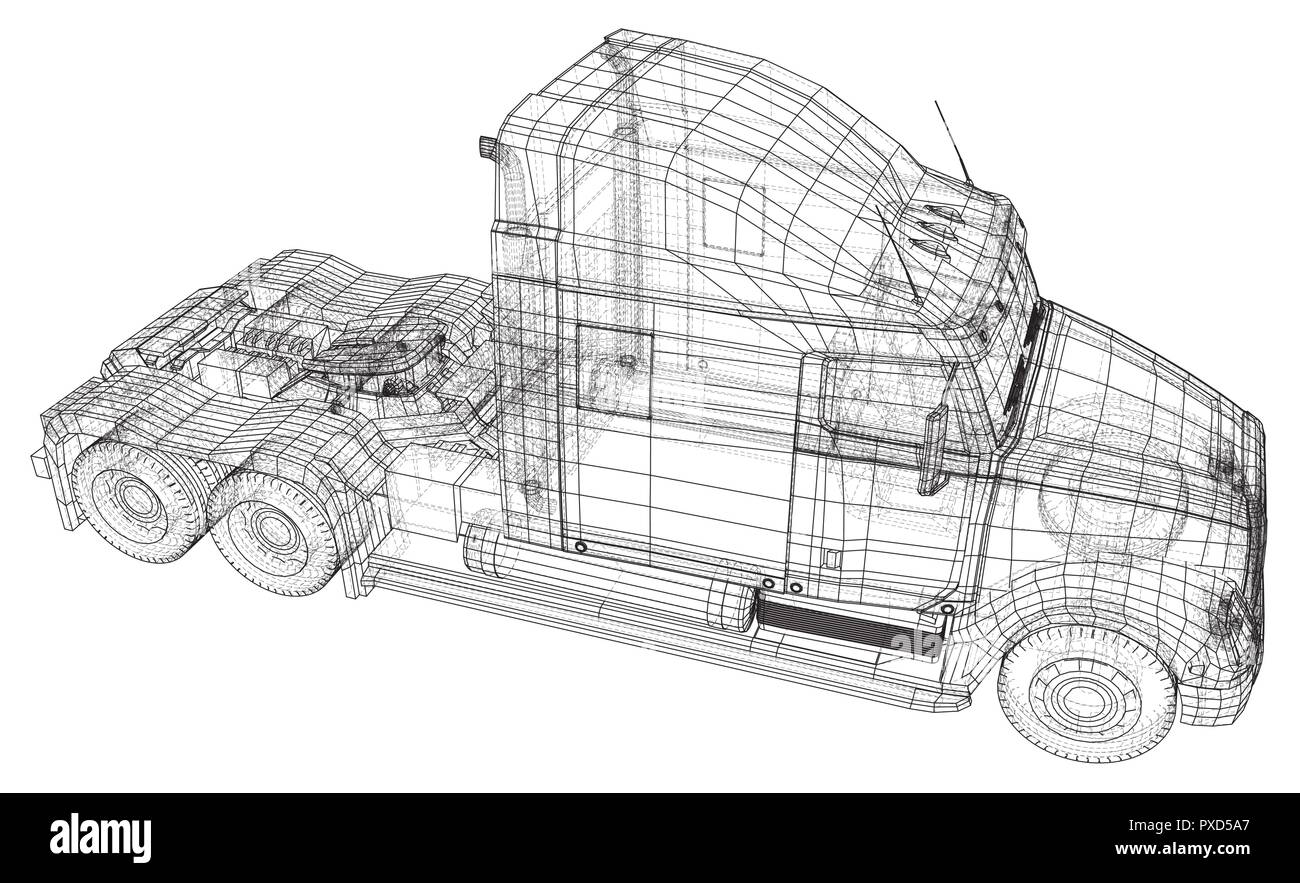 Wire-frame Big Truck Vektor. Auf weissem Hintergrund. Tracing Abbildung der 3d. EPS 10 Vektor Format Stock Vektor