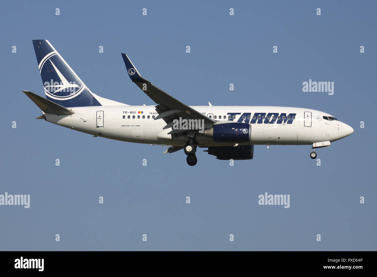 Die rumänische Tarom Boeing737-700 mit Registrierung YR-BGI auf kurze letzte für die Piste 01 des Flughafens Brüssel. Stockfoto