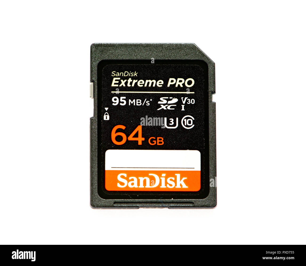 Ein SanDisk Extreme Pro 64 GB SDXC UHS-I Speicherkarte isoliert auf Weiss eine Stoß-, Temperatur-, wasserdicht, und x-ray-proof-Speicherkarte. Stockfoto
