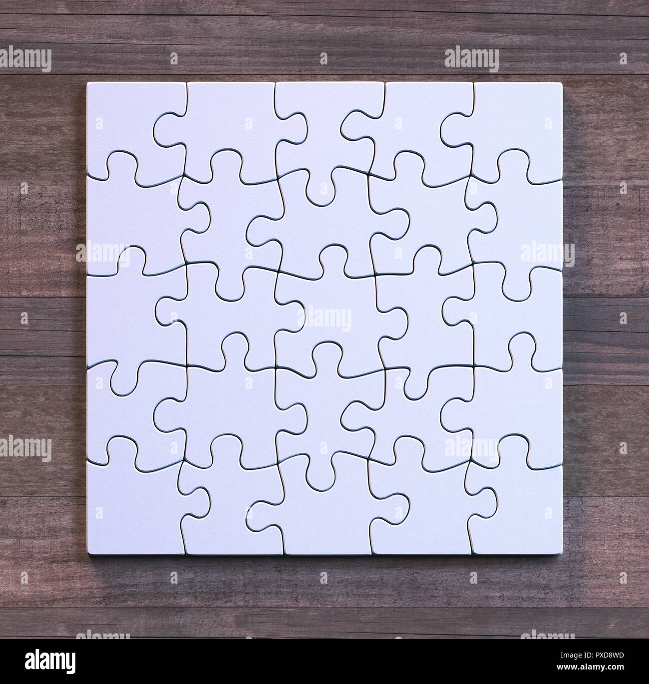 Leere Puzzle im quadratischen Format mit Holz- Hintergrund. Konzept für moderne Kunst mit einfachen Objekten. Stockfoto