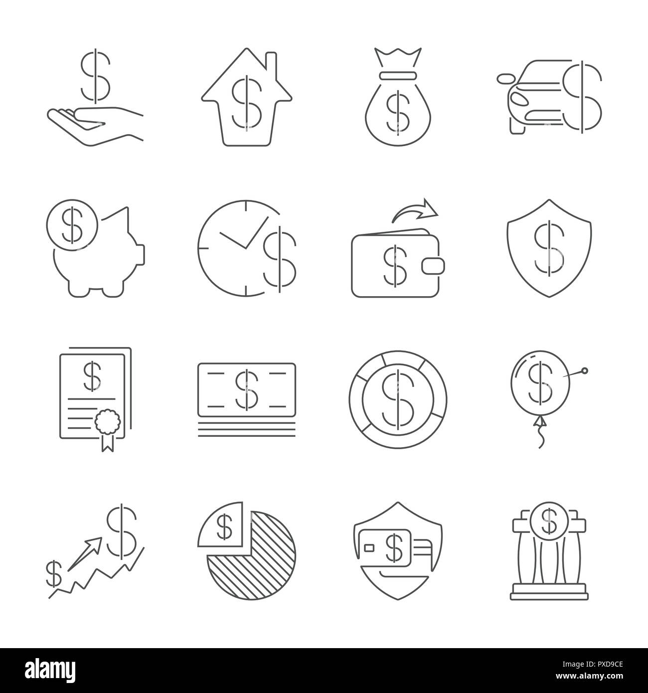 Einfaches Geld verbundenen Vektor Zeile für Symbole. Dünne Linie vektor Icon Set - Dollar, Kreditkarte, Brieftasche, Cash, Geld beutel, Sparschwein, Investitionen, Stapel, prüfen, Eingang, Schild. Editierbare Anschlag Stock Vektor