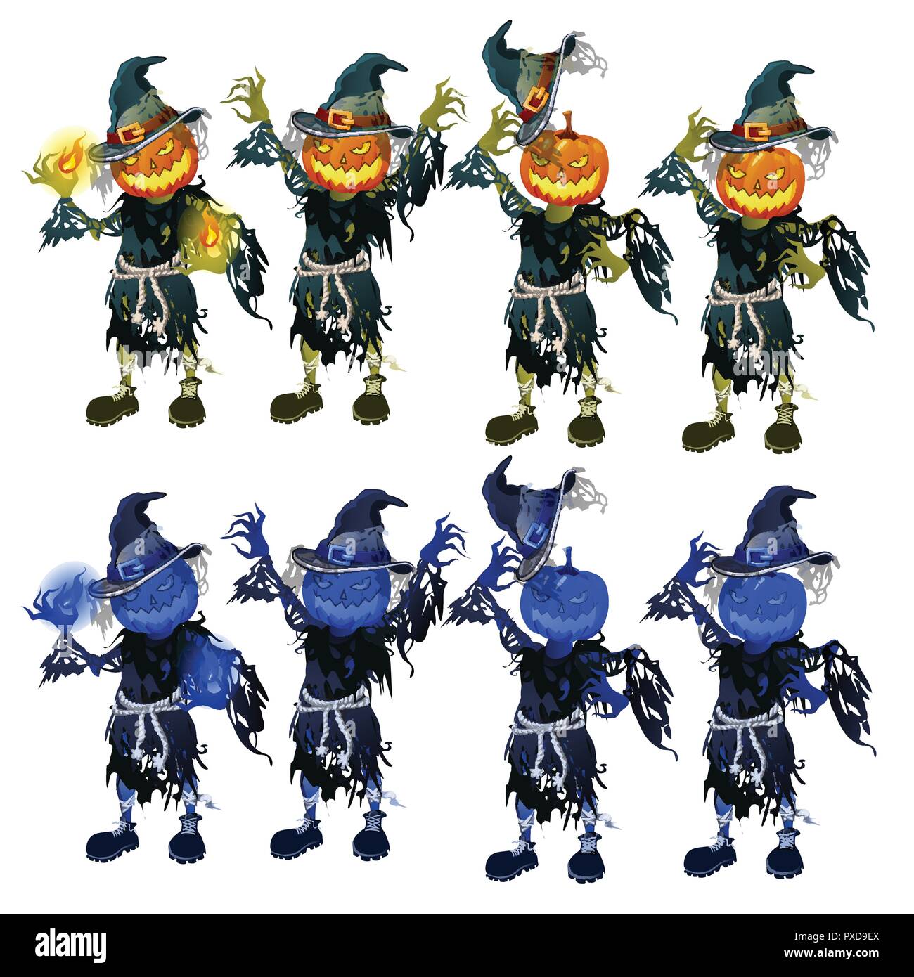 Eine Reihe von Vogelscheuchen mit Kopf in Form von Kürbissen. Die Attribute der Urlaub Halloween auf weißem Hintergrund. Vector Illustration. Stock Vektor