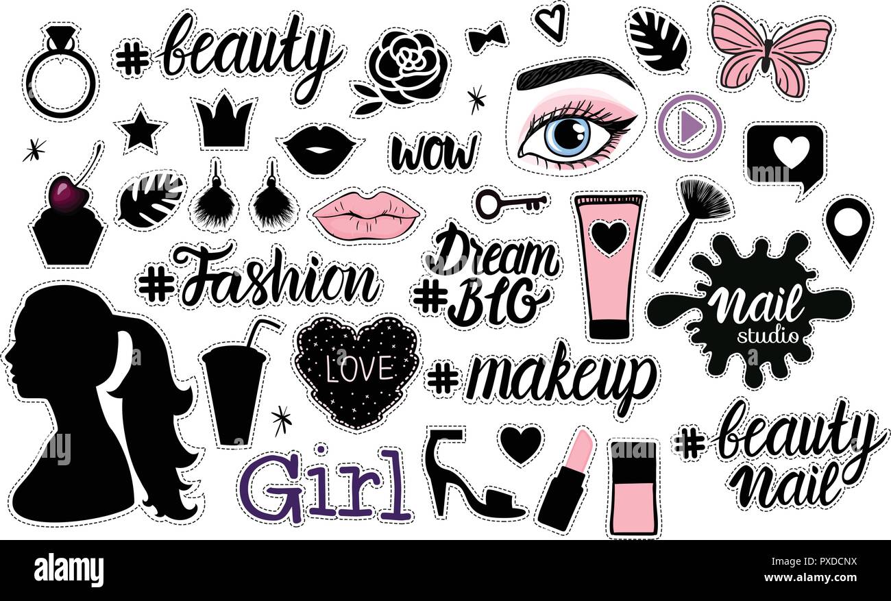 Grosse Mode Girly Zeichen Illustrationen Vektor Sammlung Schwarz Und Trendige Farbe Hand Gezeichnet Auf Weissem Hintergrund Schonheit Nail Beauty Make Up Accessoires Studio Symbol Stock Vektorgrafik Alamy