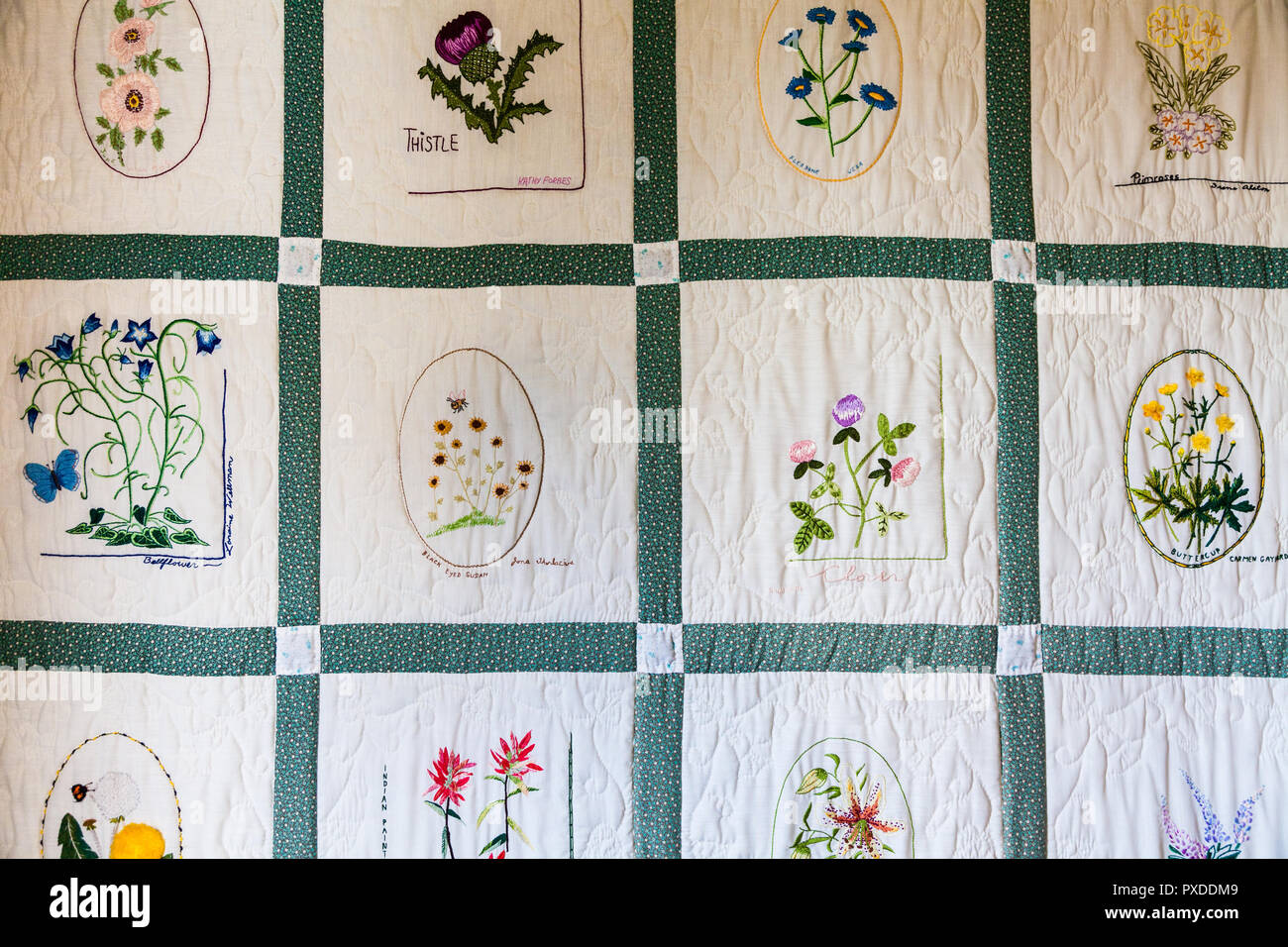 Gemeinschaft quilt mit Beispiel von wilden Blumen Stockfoto