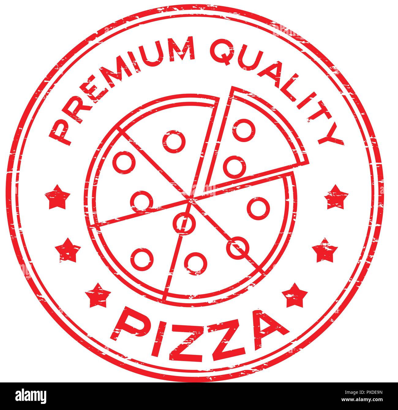 Grunge rot premium qualität Pizza mit Slice platte Logo runden Stempel Stock Vektor