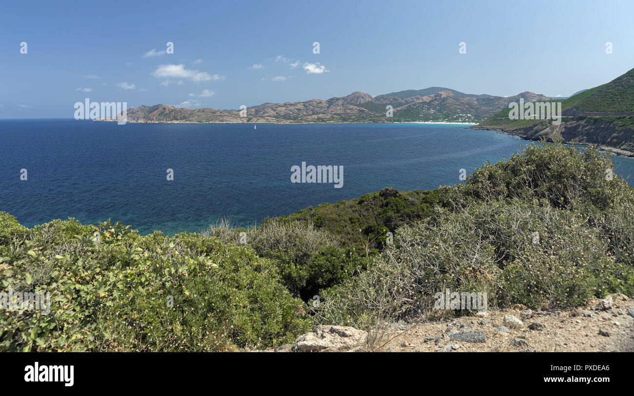Die Küste um Calvi. Wybrzeże morskie w okolicy Calvi. Stockfoto