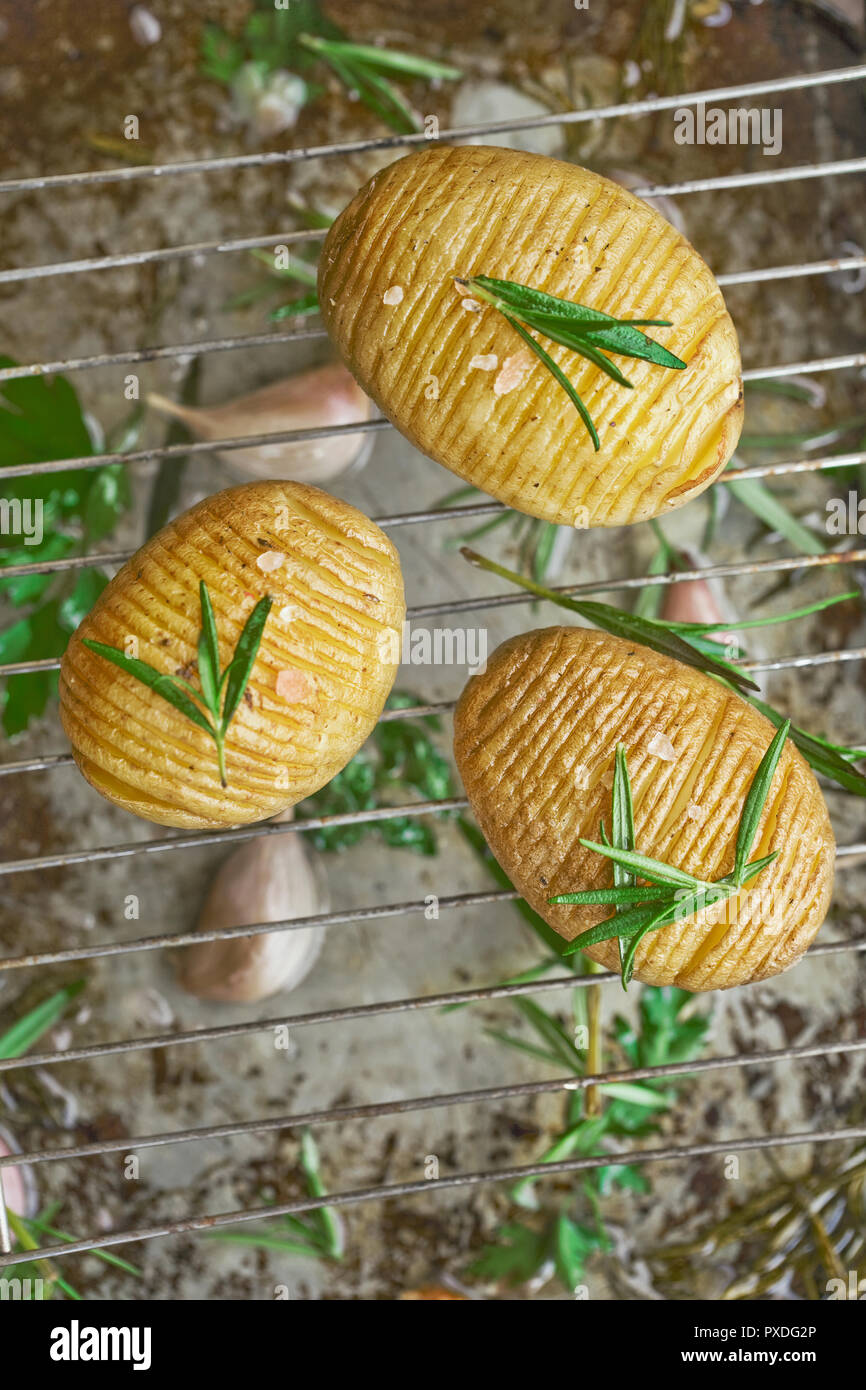 Hasselback frisch gebackene Kartoffeln mit Kräutern und Knoblauch Stockfoto