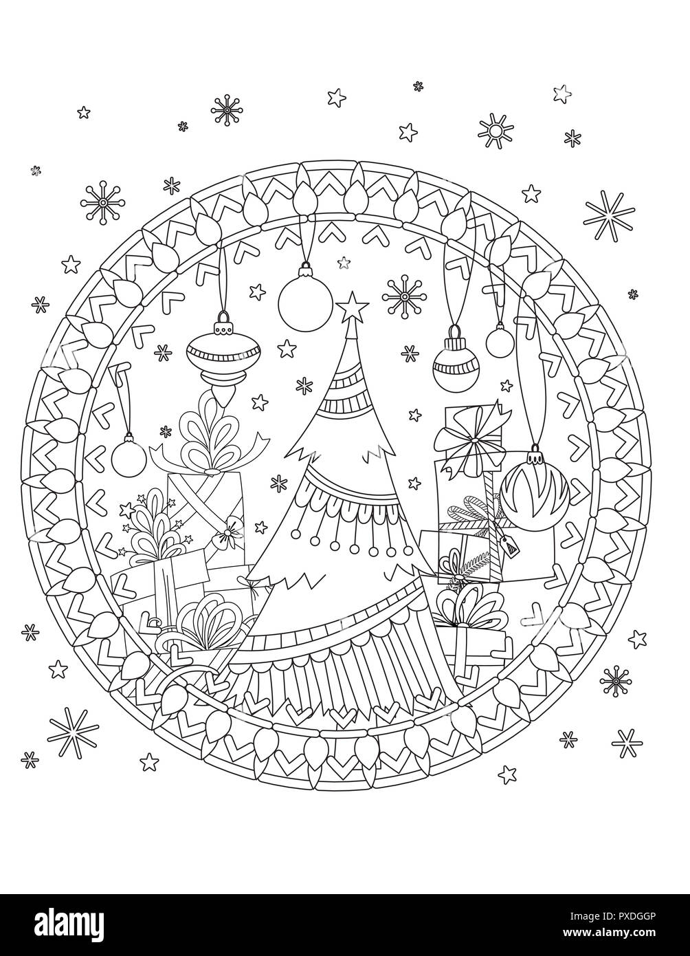 Weihnachten Färbung Seite. Nach Malbuch. Weihnachtsbaum, Dekoration, Geschenkboxen, Bänder, Bälle und Schneeflocken. Hand Überblick Abbildung gezeichnet. Stockfoto
