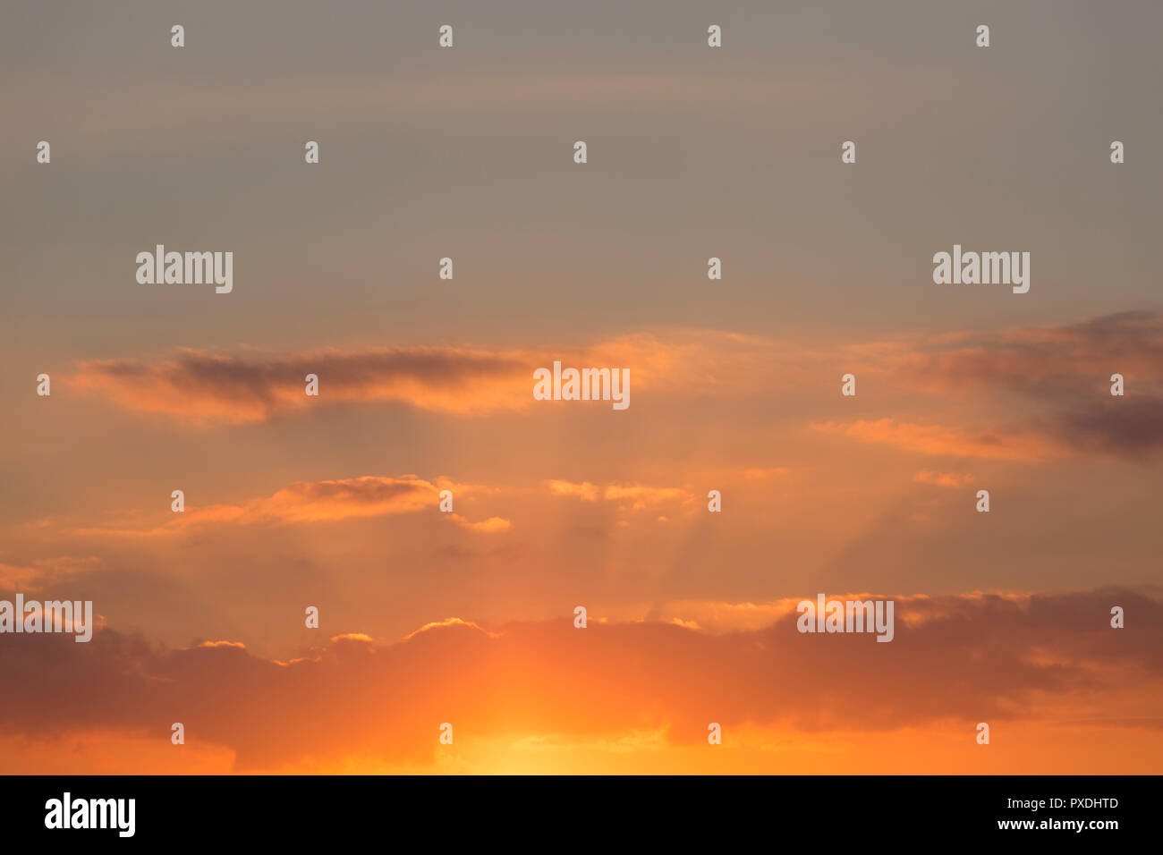 Sonnenstrahlen über orange Wolken bei Seasalter, Whitstable, Kent, Großbritannien scheint. Stockfoto