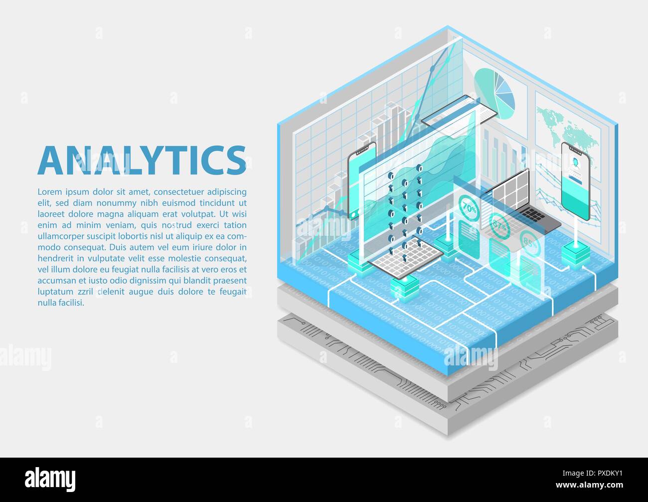 Advanced Analytics isometrische Vector Illustration. Abstrakten 3D Infografik mit mobilen Geräten und Daten Dashboards Stock Vektor