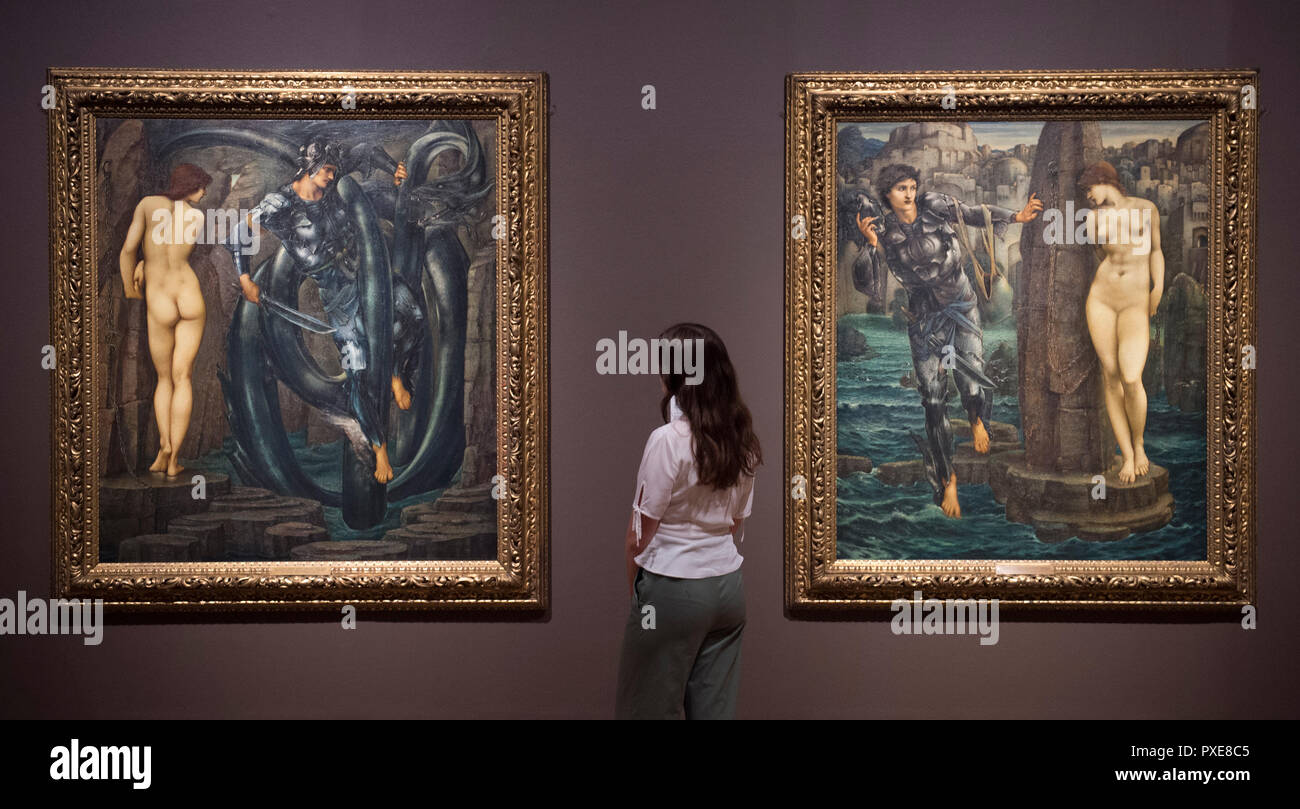 Tate Britain, London, UK. 22. Oktober, 2018. Die erste große Retrospektive von pre-raphaelite Maler Edward Burne-Jones in Großbritannien für eine Generation öffnet in der Tate Britain. 150 Werke der Malerei, Glasmalerei und Wandteppich von mittelalterlicher Kunst, Mythen und Legenden gehören einige selten ausgestellt Darlehen. Die Ausstellung läuft vom 24. Oktober 2018 - 24. Februar 2019. Bild: von der Perseus-Serie, erzählt die Geschichte der Suche des griechischen Helden für Medusa. Credit: Malcolm Park/Alamy Leben Nachrichten. Stockfoto