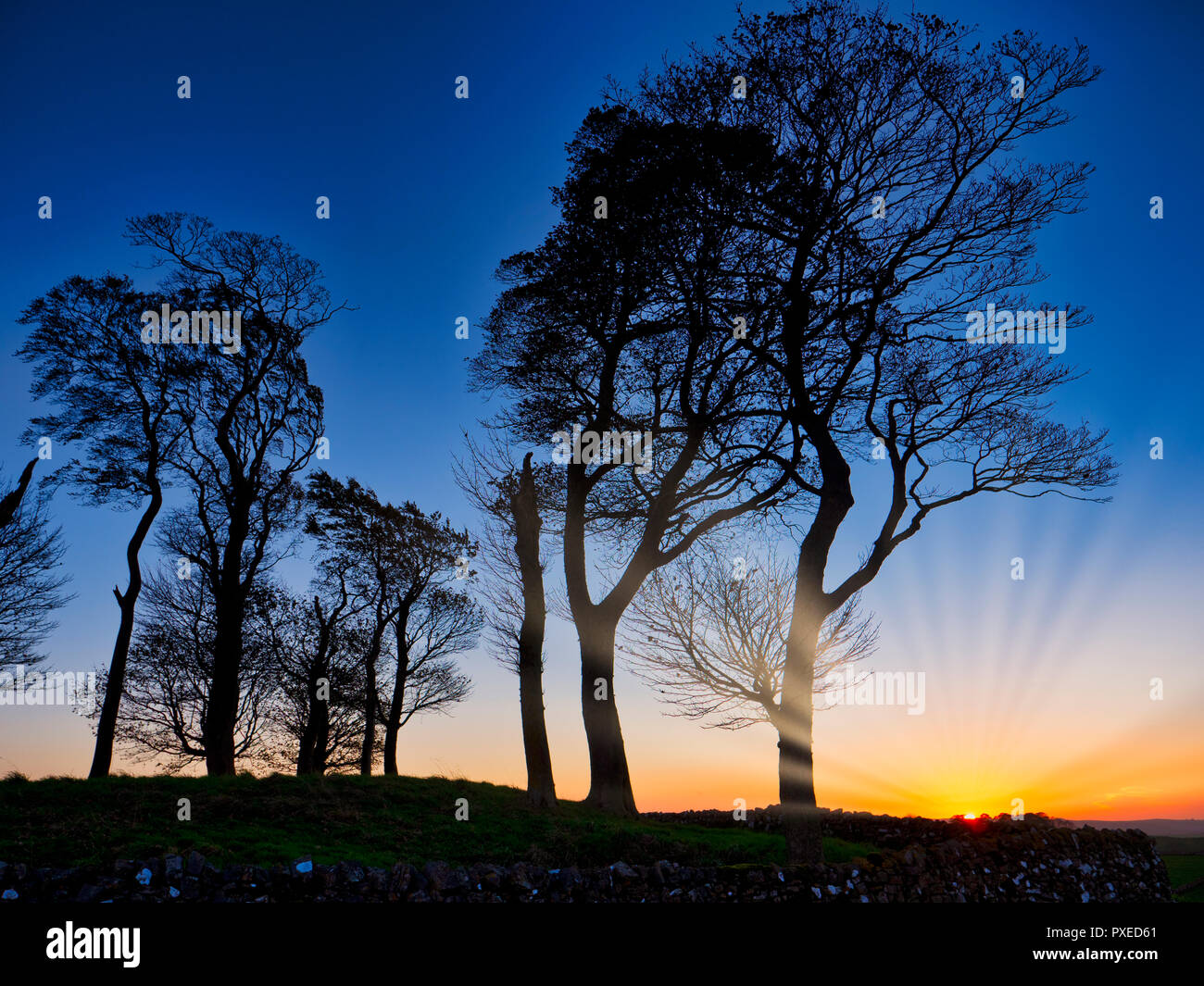 Tissington, UK. 22 Okt, 2018. UK Wetter: Moat niedrige Derbyshire spektakulären Sonnenuntergang über der Bronzezeit Runde in der Nähe von Barrow Tissington im Peak District National Park Credit: Doug Blane/Alamy leben Nachrichten Stockfoto