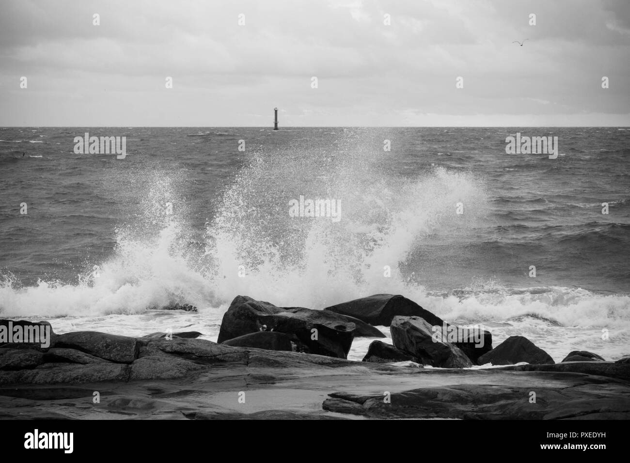 Wave Spritzen gegen das Ufer B&W Stockfoto