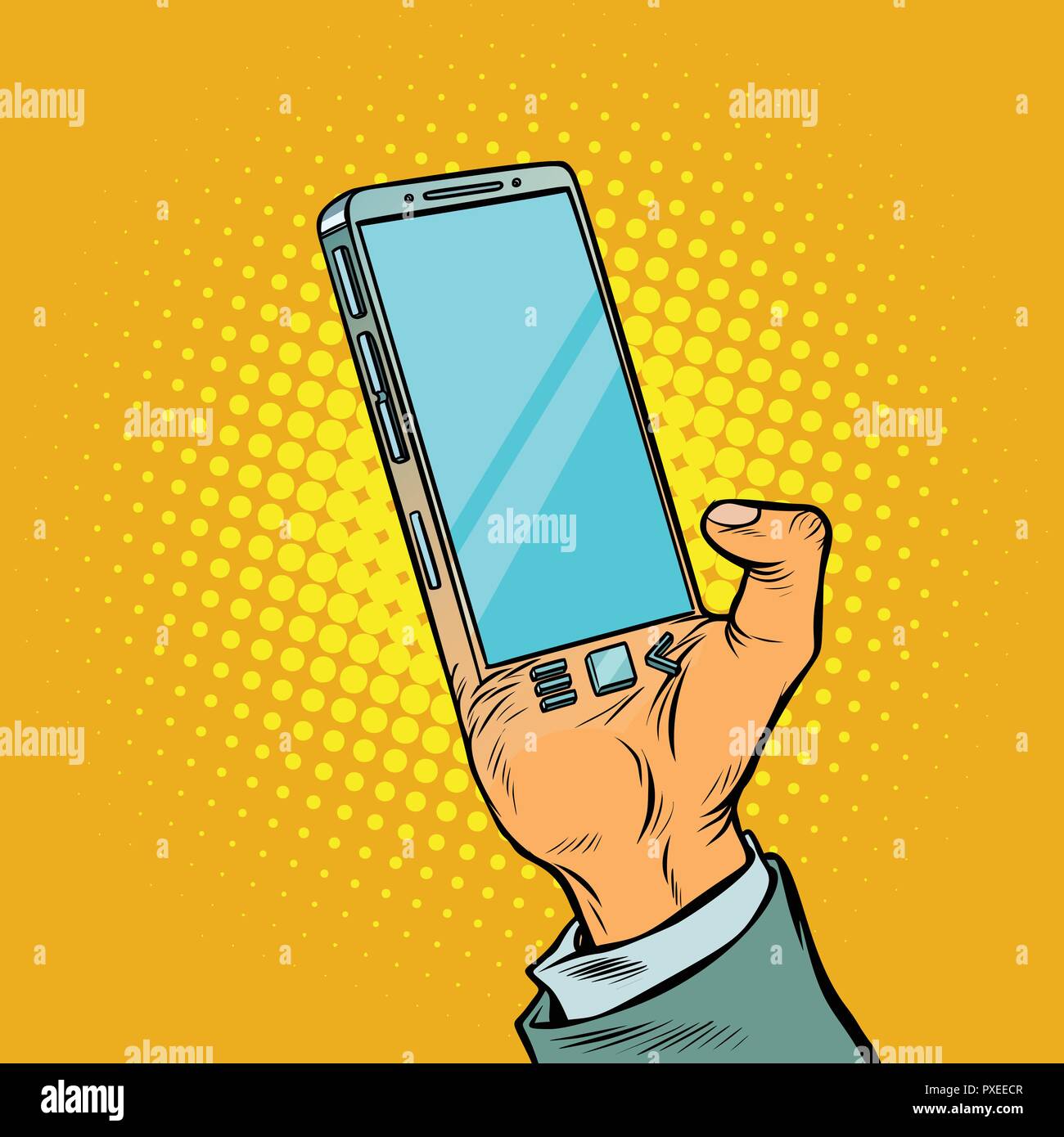 Mann mit hand-Smartphone. Das Gadget wird im menschlichen b implantiert Stock Vektor Mann mit hand-Smartphone. Das Gadget wird im menschlichen b implantiert Stock Vektor