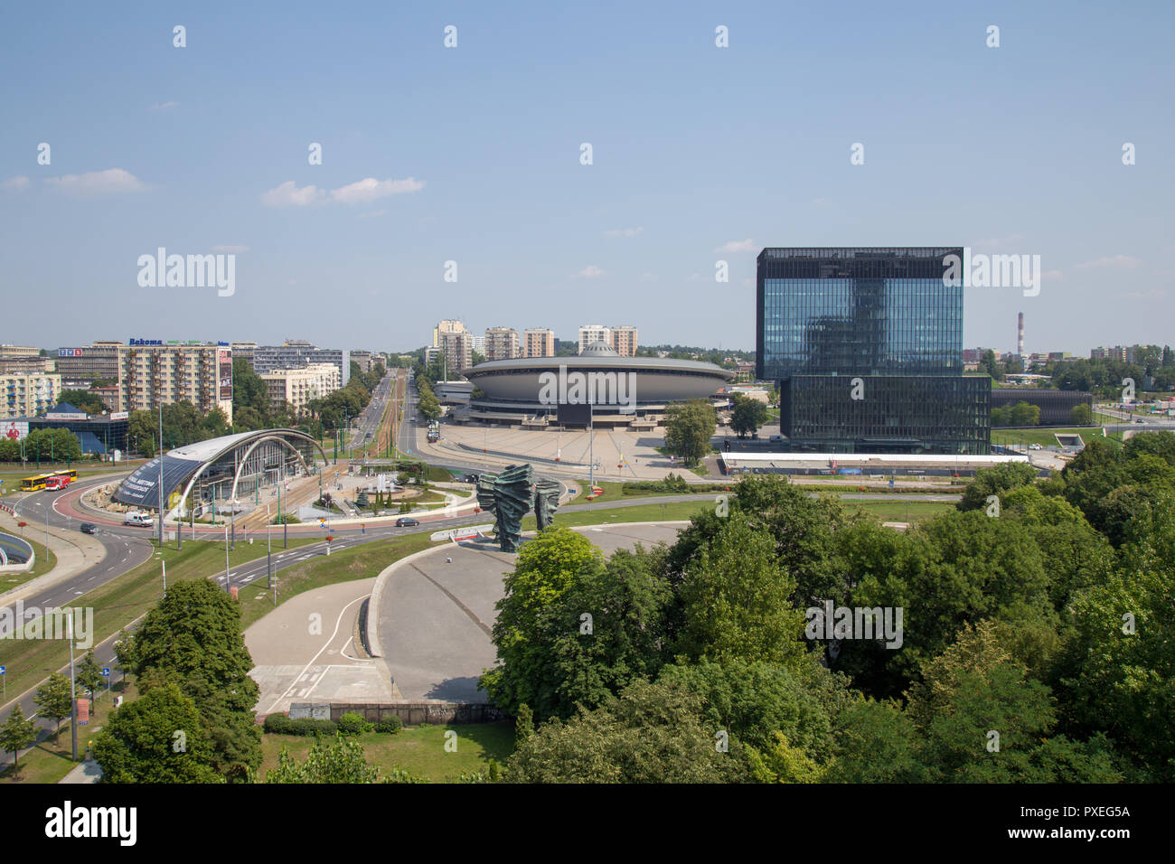 Katowice, Polen: mehrzweckhalle Spodek und dem Internationalen Kongress Zentrum von Kattowitz Stockfoto