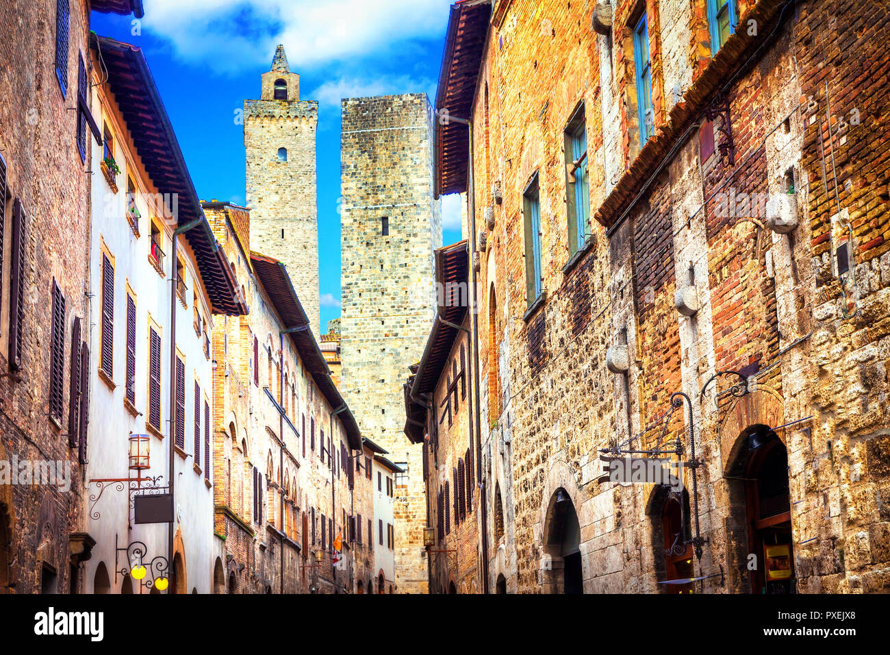 Alte Straßen der italienischen Dorf, San Gimignano, Siena, Toskana, Italien. Stockfoto