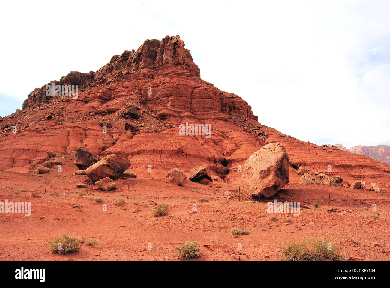 Eine rote Landschaft aus Sandstein und alte Rock Formation in der Wüste von Arizona, USA, mit Felsen auf dem Sand und einem hellen weißen Himmel Stockfoto