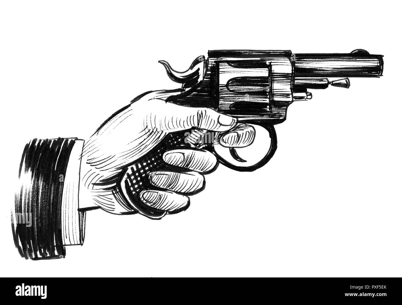 Hand mit einem Revolver Pistole. Tinte schwarz-weiss Zeichnung Stockfoto