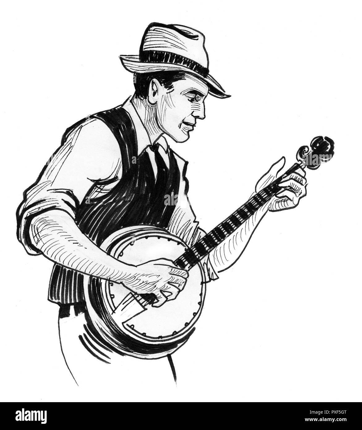 Land Musiker spielt Banjo. Tinte schwarz-weiss Zeichnung Stockfoto