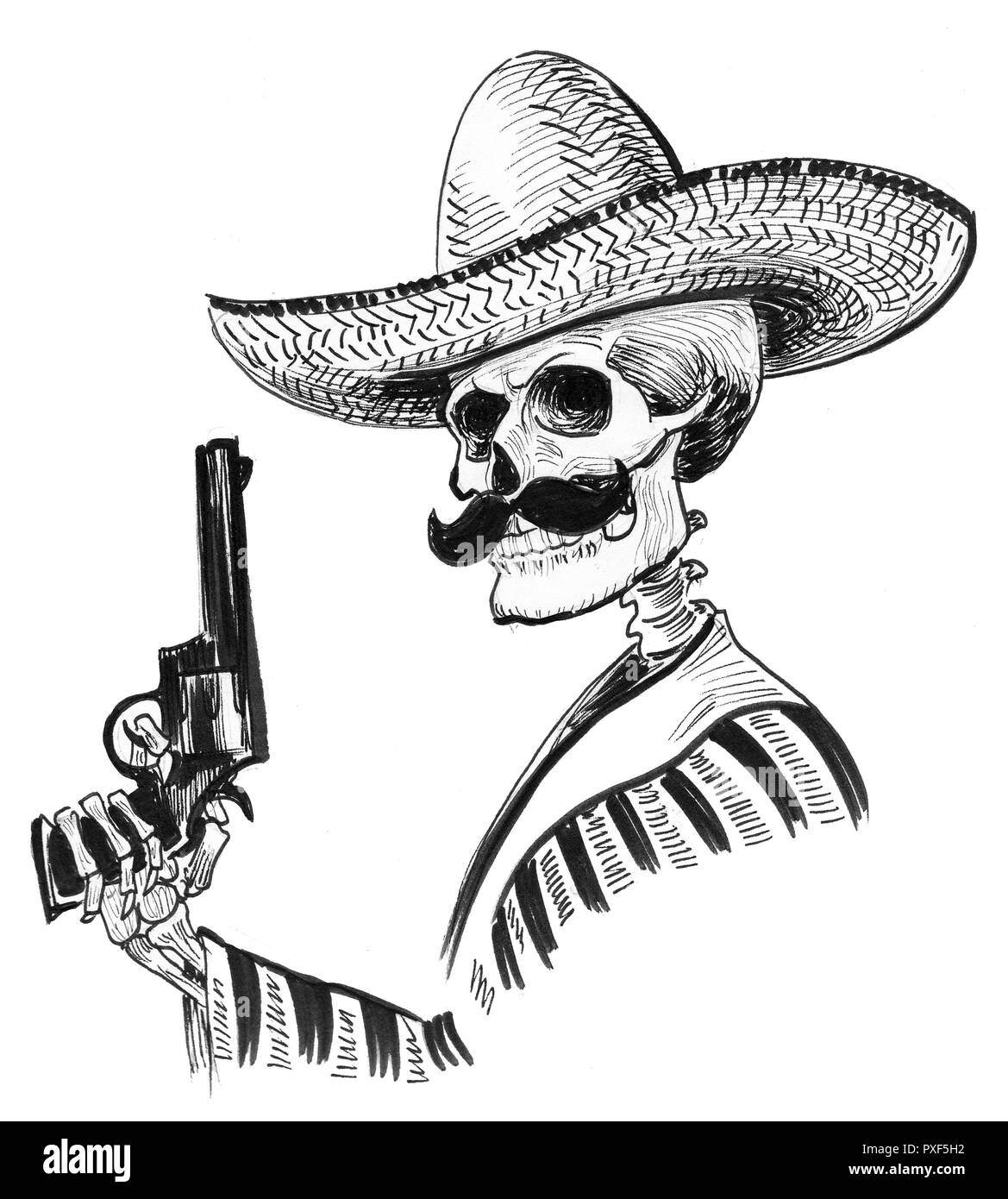 Tote im mexikanischen Sombrero mit einem Revolver Pistole. Tinte schwarz und weiß Abbildung: Stockfoto