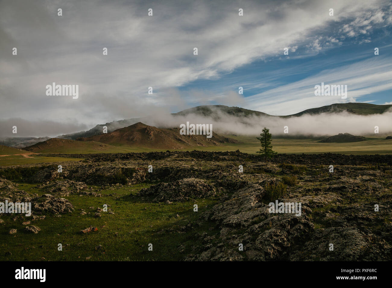 Landschaft an einem bewölkten Sommermorgen. wandern über die Lavafelder mit tief liegenden Wolken im Fuss. Proletariats, Arkhangai, Mongolei Stockfoto