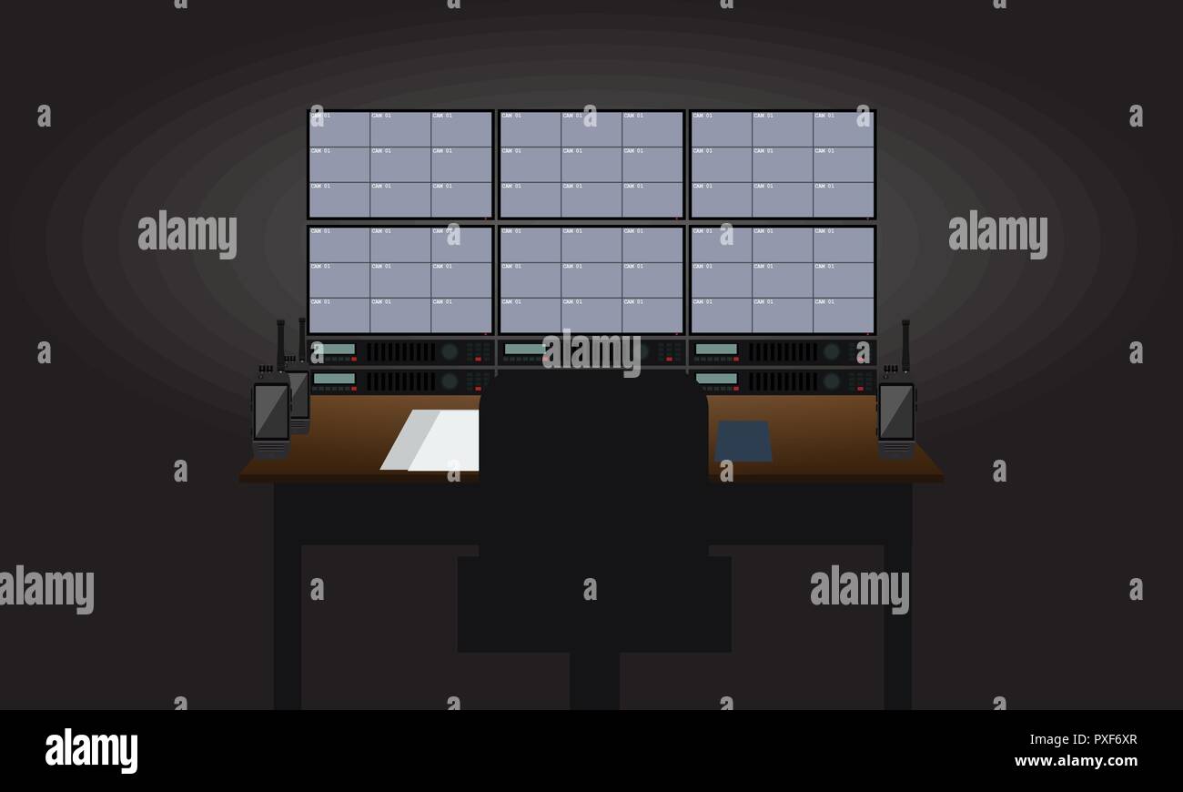 Leere Workplace Security Guard Zimmer. Tv-Geräte, Kameras anzeigen. Flachen farbe Stil Vector Illustration Stock Vektor