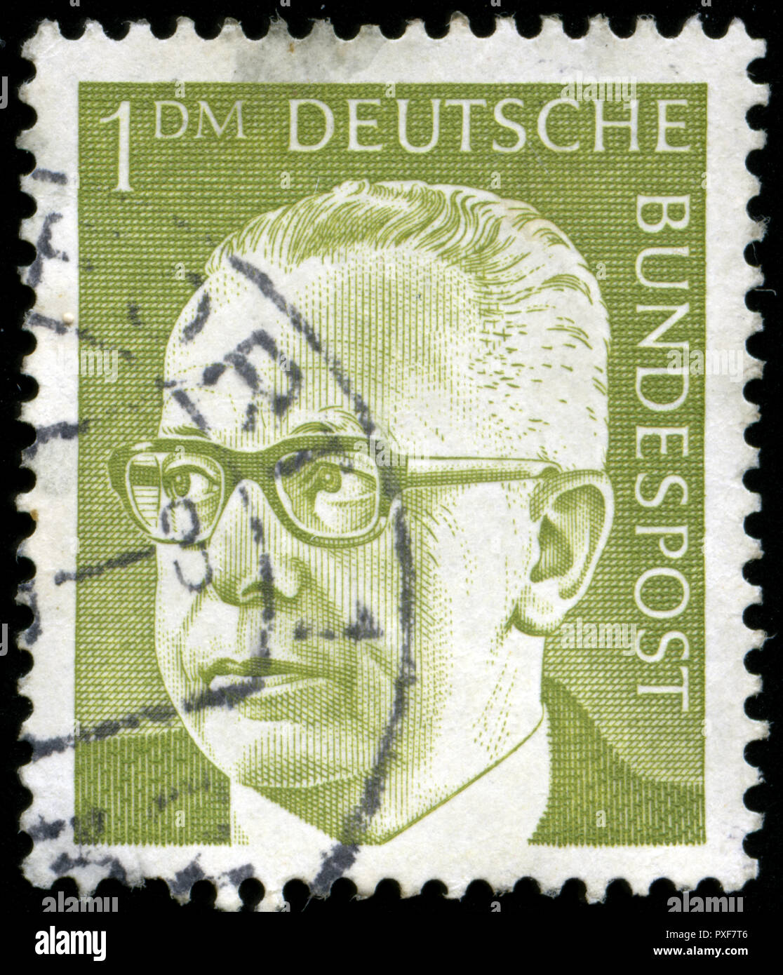 Postmarked Briefmarken aus der Bundesrepublik Deutschland in den Bundespräsidenten Dr. Gustav Heinemann Serie Stockfoto