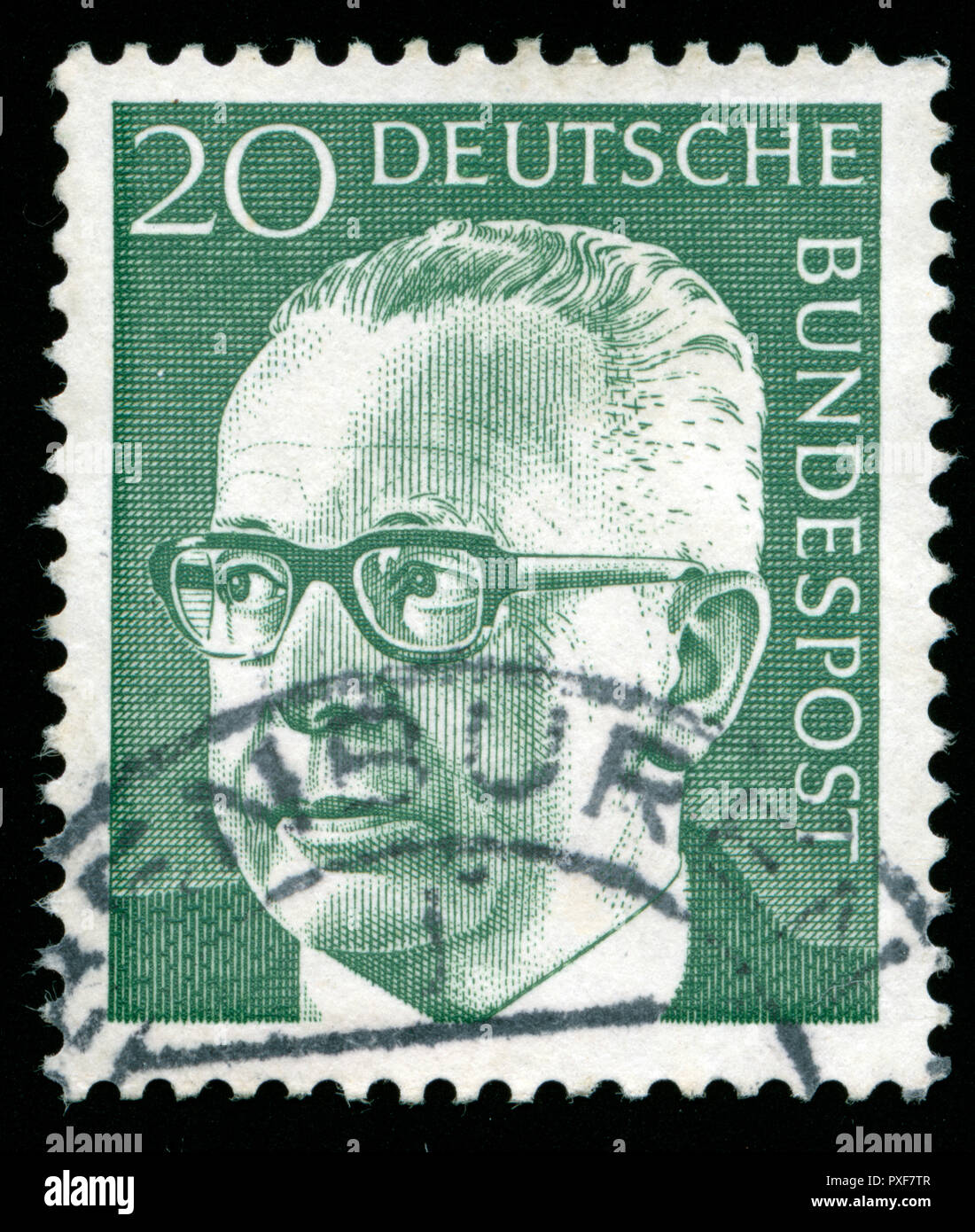 Postmarked Briefmarken aus der Bundesrepublik Deutschland in den Bundespräsidenten Dr. Gustav Heinemann Serie Stockfoto