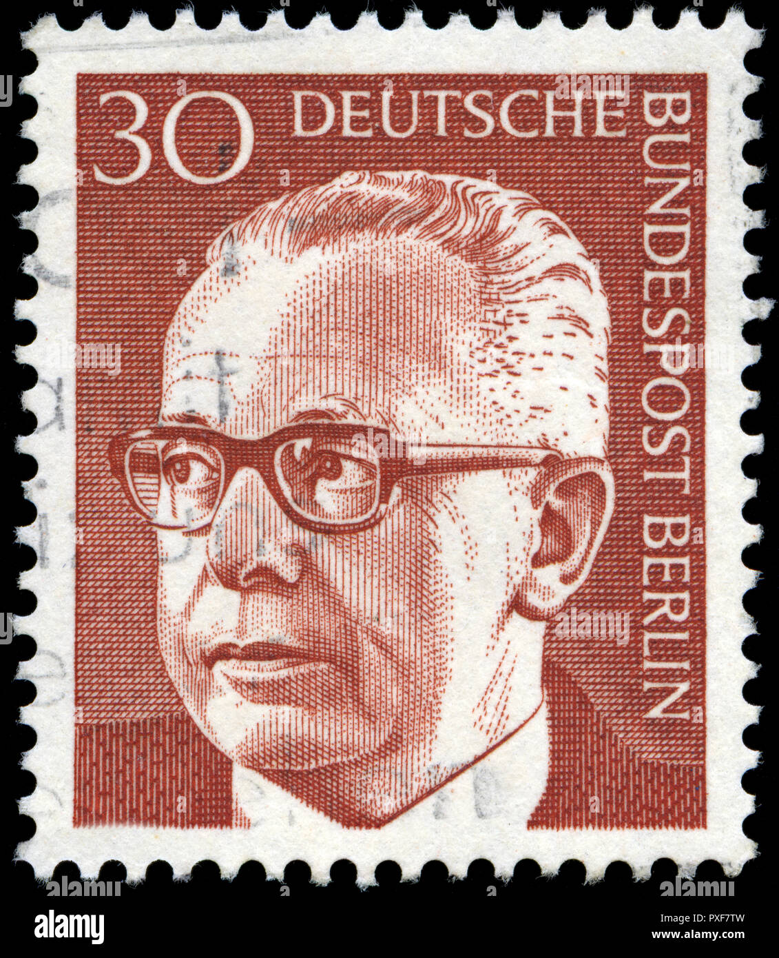 Postmarked Briefmarken aus der Bundesrepublik Deutschland in den Bundespräsidenten Dr. Gustav Heinemann Serie Stockfoto