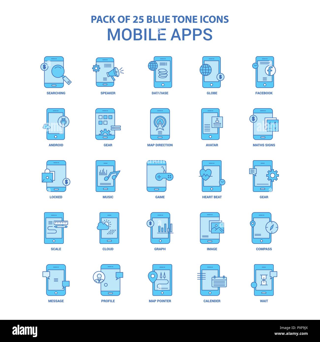 Mobile Apps Blue Tone Icon Pack - 25 Icon Sets Stock Vektor