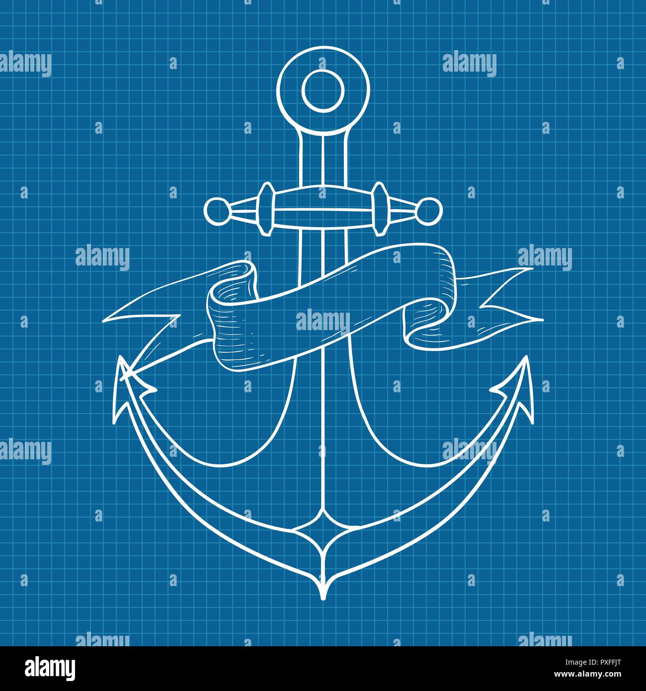 Anker mit Band Banner. Strichzeichnung, hand Skizze gezeichnet Stock Vektor