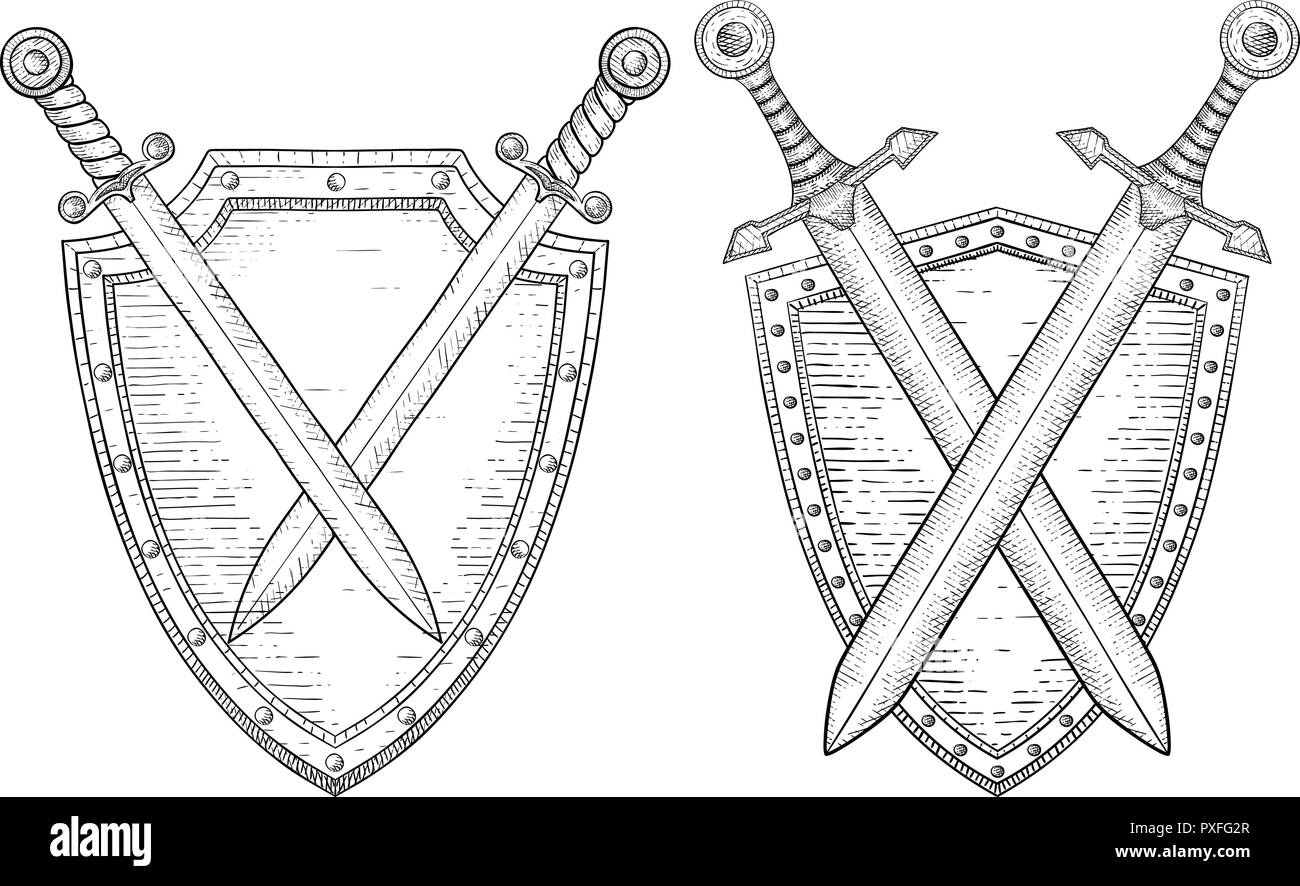 Schild mit Schwertern. Hand Skizze gezeichnet Stock Vektor