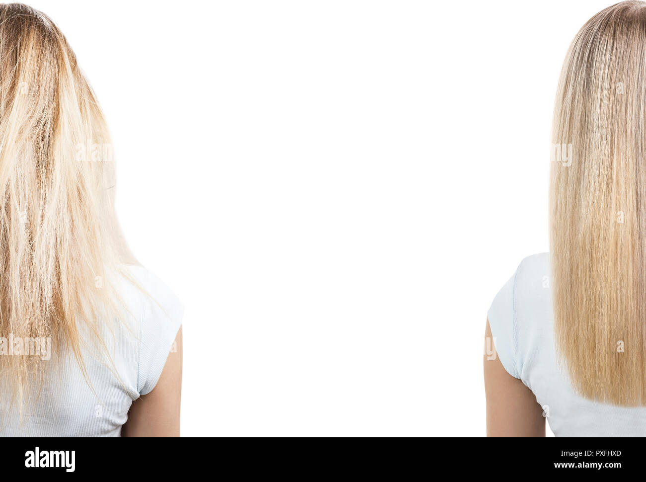 Blonde Haare vor und nach der Behandlung mit kopieren. Stockfoto