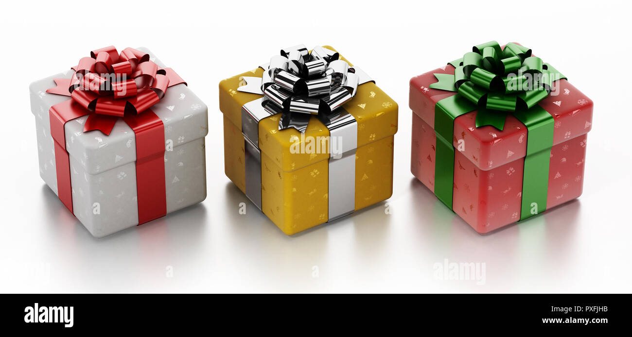 Weihnachten giftboxes mit Ornamenten auf weissem Hintergrund. 3D-Darstellung. Stockfoto